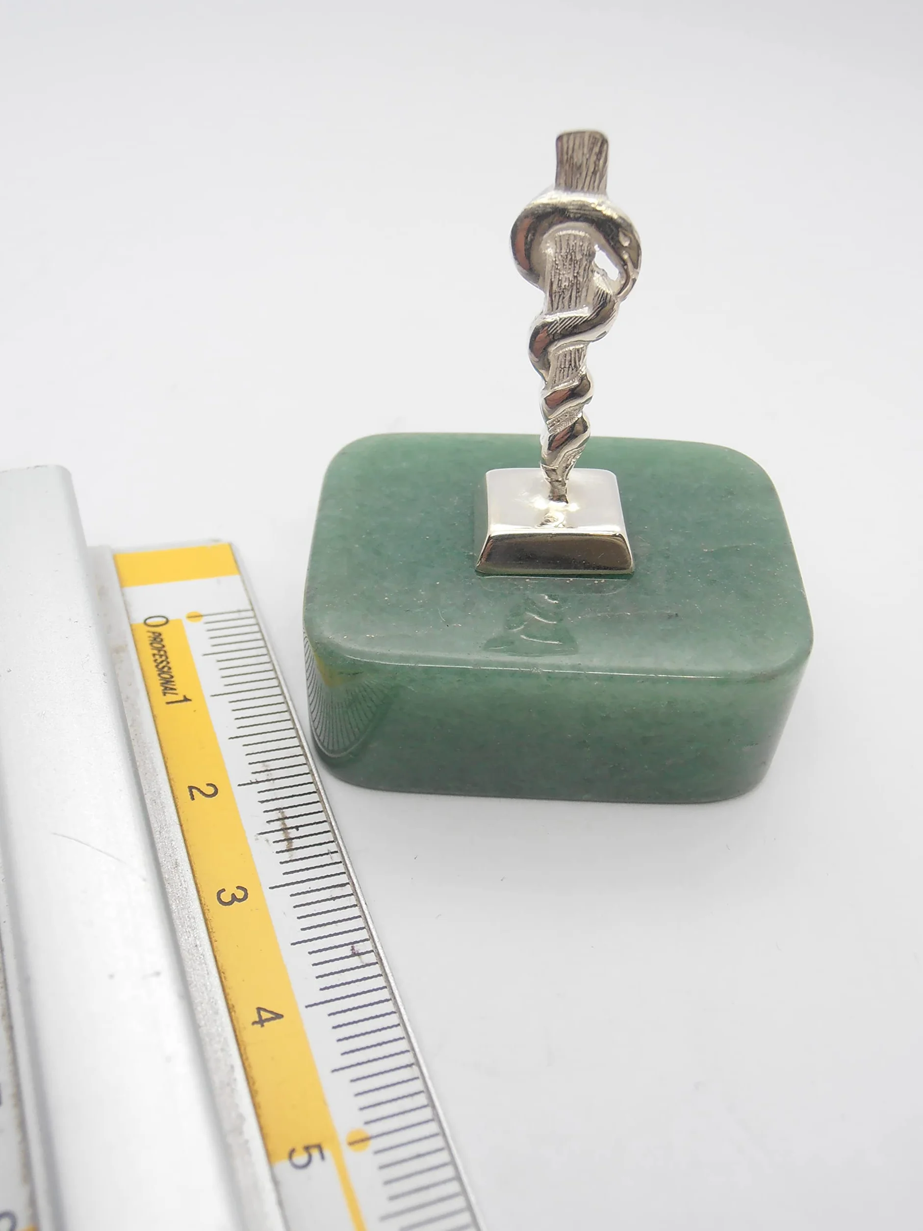 Bastone di Esculapio Simbolo di Asclepio Argento 925 Avventurina Naturale Verde Fermacarte Soprammobile