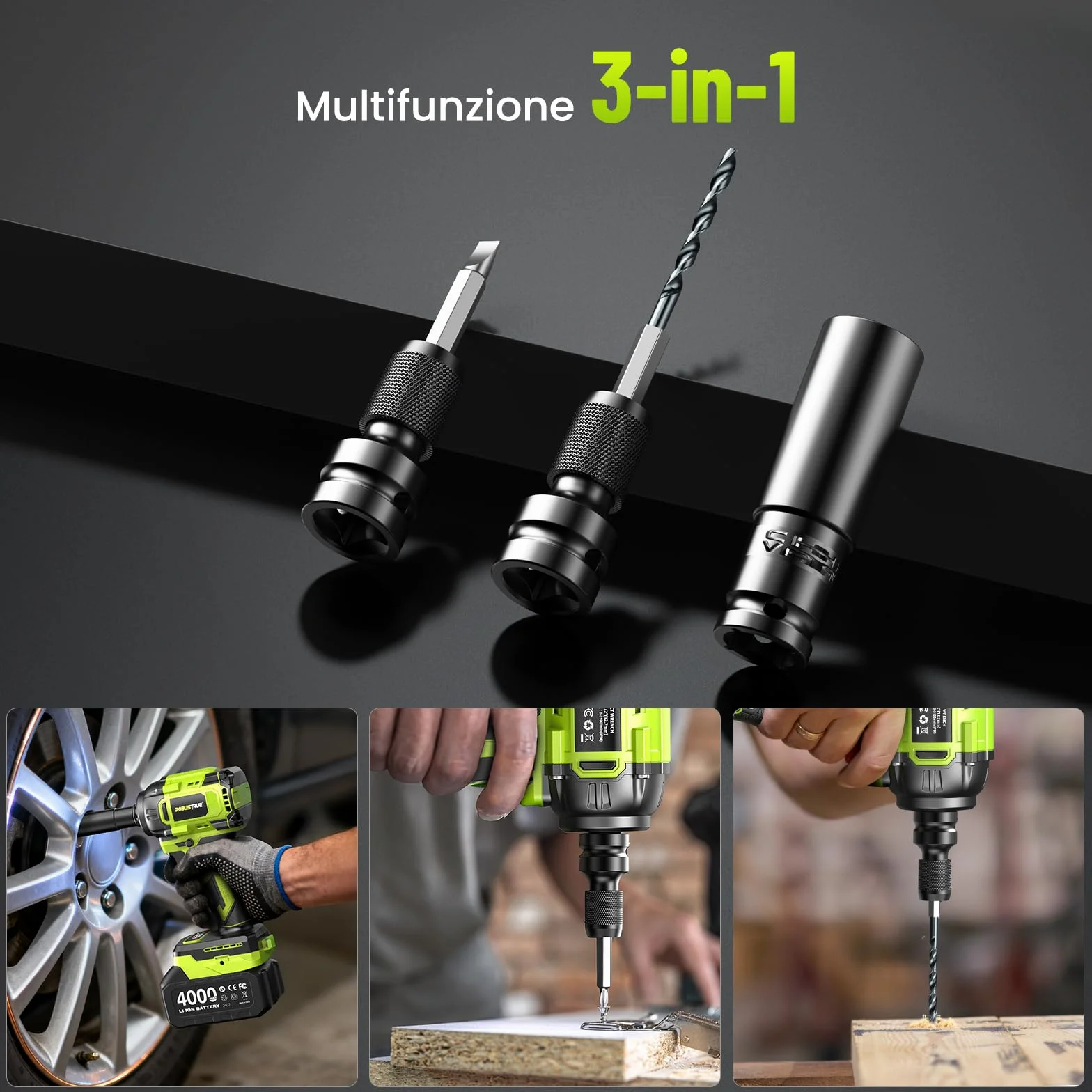 Robustrue Avvitatore a impulsi a batteria 1/2" 800 N·m brushless 2800 giri/min 2 batterie 4,0Ah 4 bussole