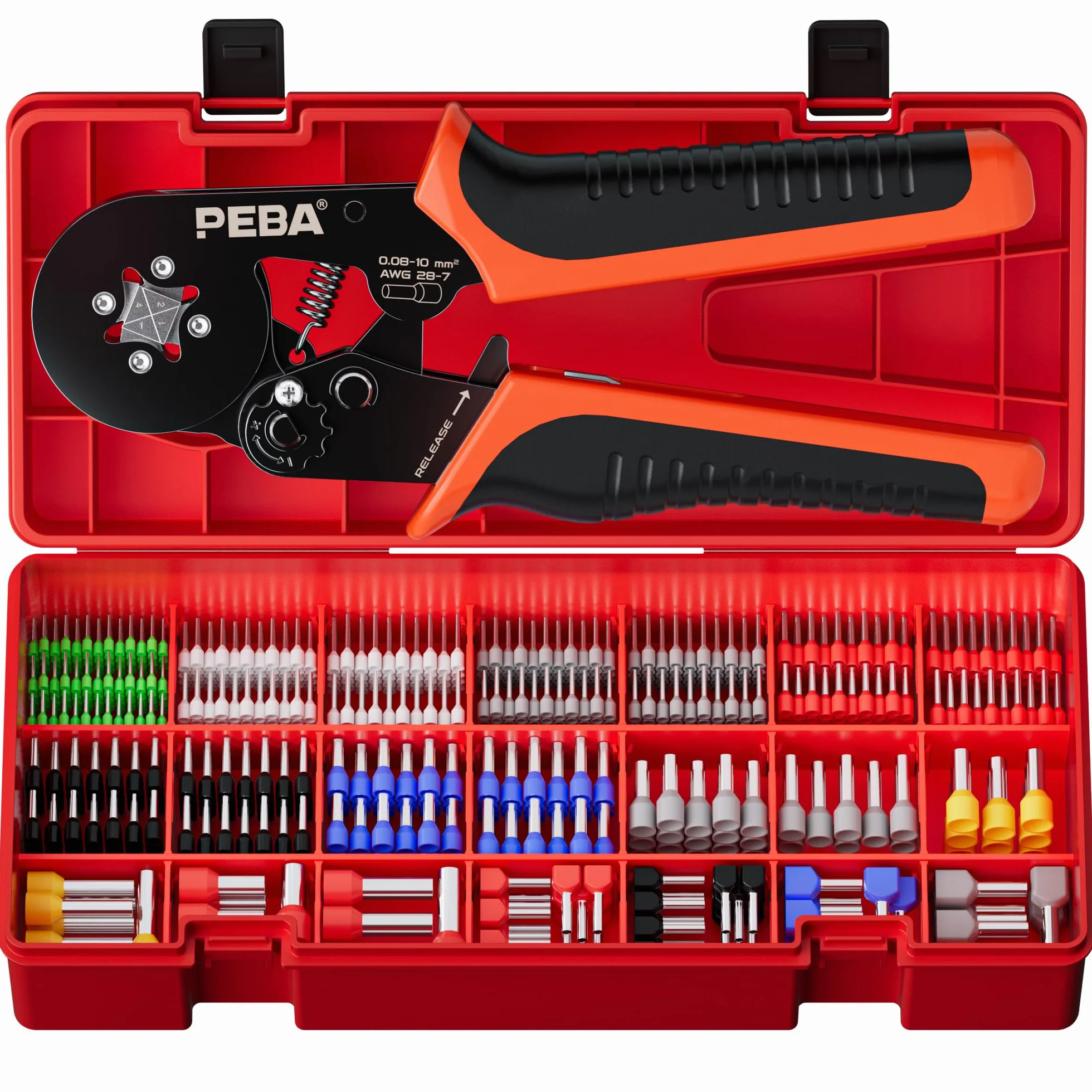 PEBA Set Pinza Crimpatrice per Tubetti Terminali 0,25-10mm², Kit Professionale 21 Misure Puntalini in Rame Viola, Crimpatura Quadrata 0,08-10mm²/AWG 28-7, Standard DIN 46228