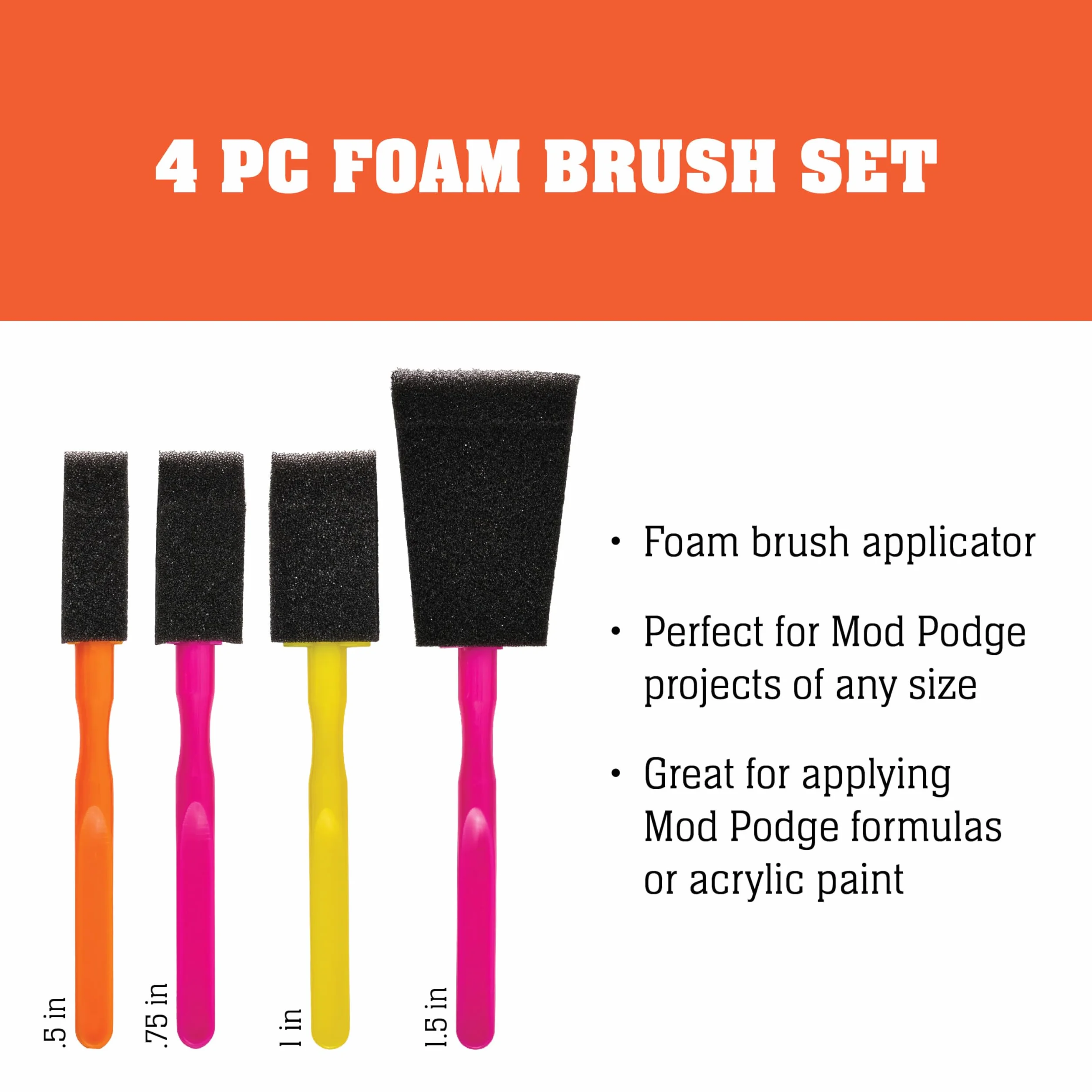 MOD Podge Set di 4 pennelli in Schiuma, Giallo, Arancione, Rosa
