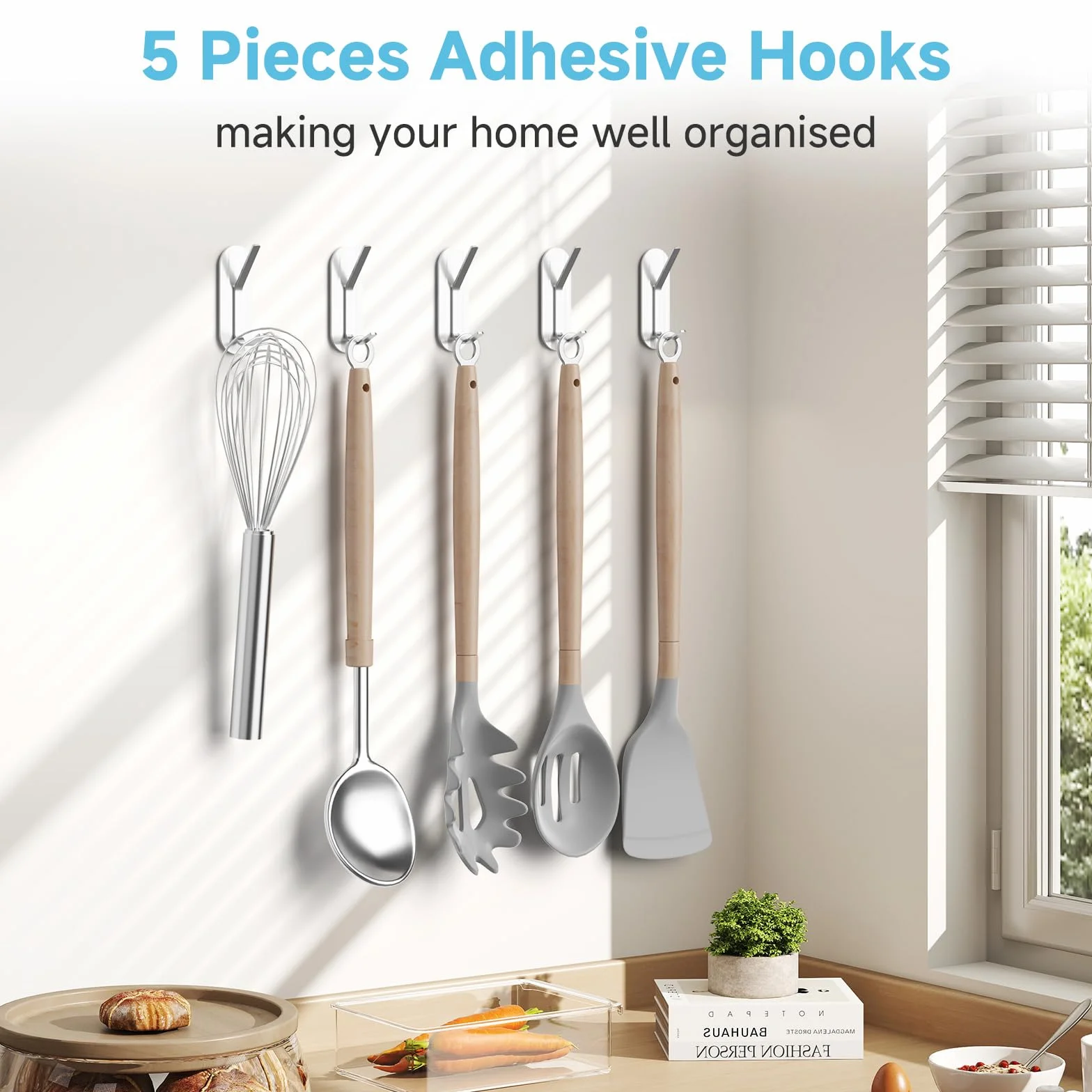 Ganci Adesivi in Acciaio Inox per Bagno, Cucina, Ufficio - 5 Pezzi, Forti e Senza Forare (Platino)