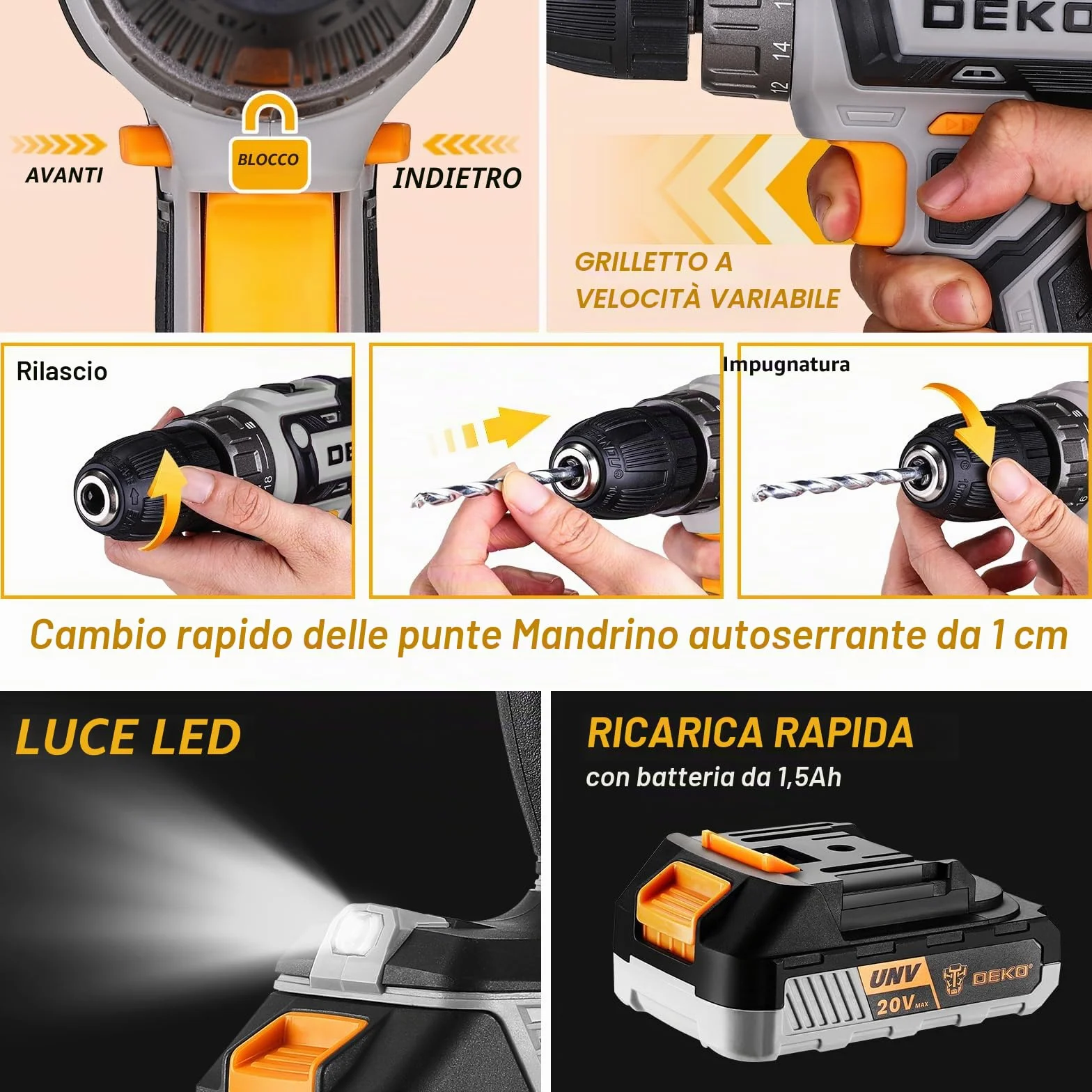 DEKO Cassetta Attrezzi Completa Trapano Avvitatore 20V 186 Pezzi Set Punte