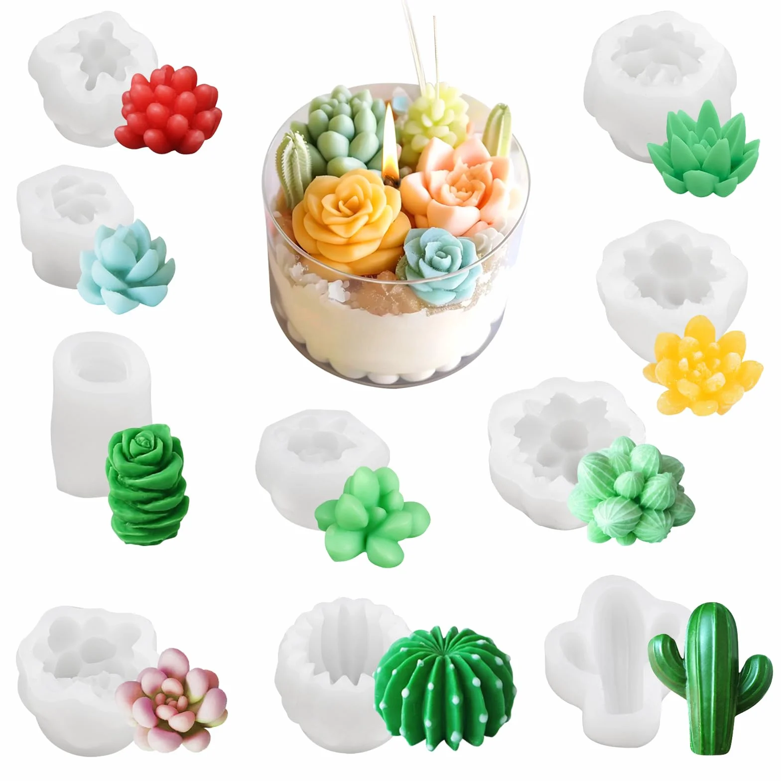 10 Pezzi Stampi in Silicone per Candele, Stampo in Silicone per Cactus Succulenti, 3D Stampo per Candele di Cactus, Stampi per Candele Fai Da Te per Candele Fatte a Mano, Stampi in Resina Epossidica