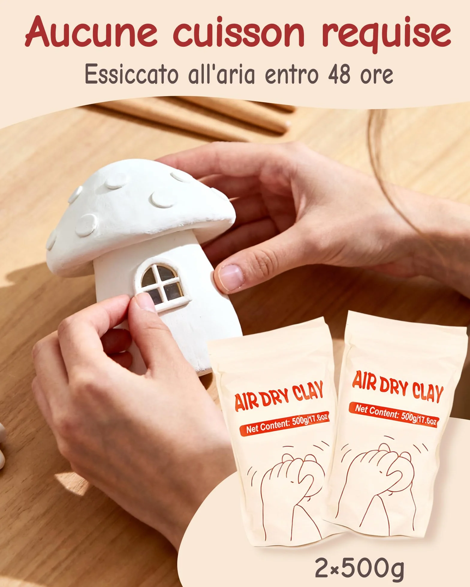 cycletour Kit Argilla Senza Cottura, 1 kg Argilla Senza Cottura Include 20 ML Vernidas Lucido Trasparente, 6 Attrezzi Ceramica. Kit Ceramica Fai Da Te Adatto a Principianti e Adulti