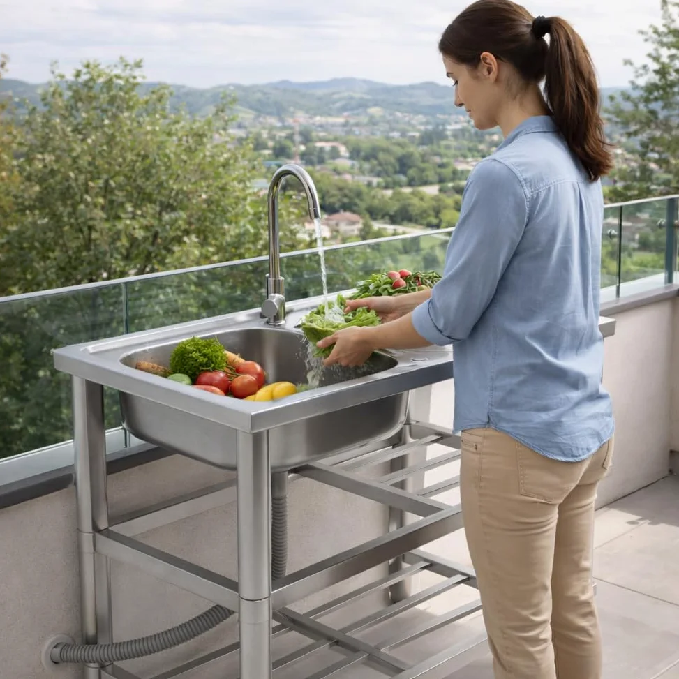 BAKAJI Lavello in Acciaio Inox con Rubinetteria Completa e Kit Sifone Ideale per Esterno, Patio, Giardino, Cucina in Balcone e Veranda, Lavandino con Ripiani Portaoggetti e Accessori, 75 x 40 x 80 cm