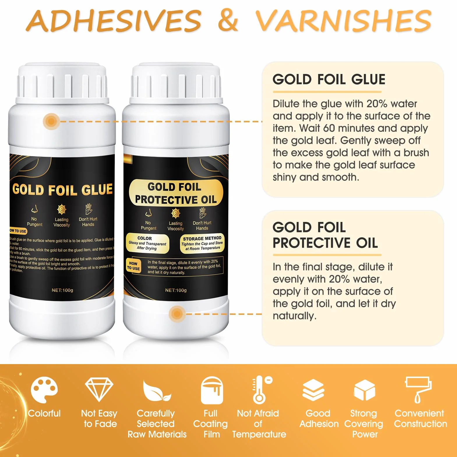 Allony Colla per Foglia Oro, Missione per Foglia Oro, Foglia Oro, Foglia Oro Decorazione, Include Colla 100g e Vernice Protettiva a Base d'acqua da 100g, 100 Pezzi, Adatto Lavori Manuali e Pittura