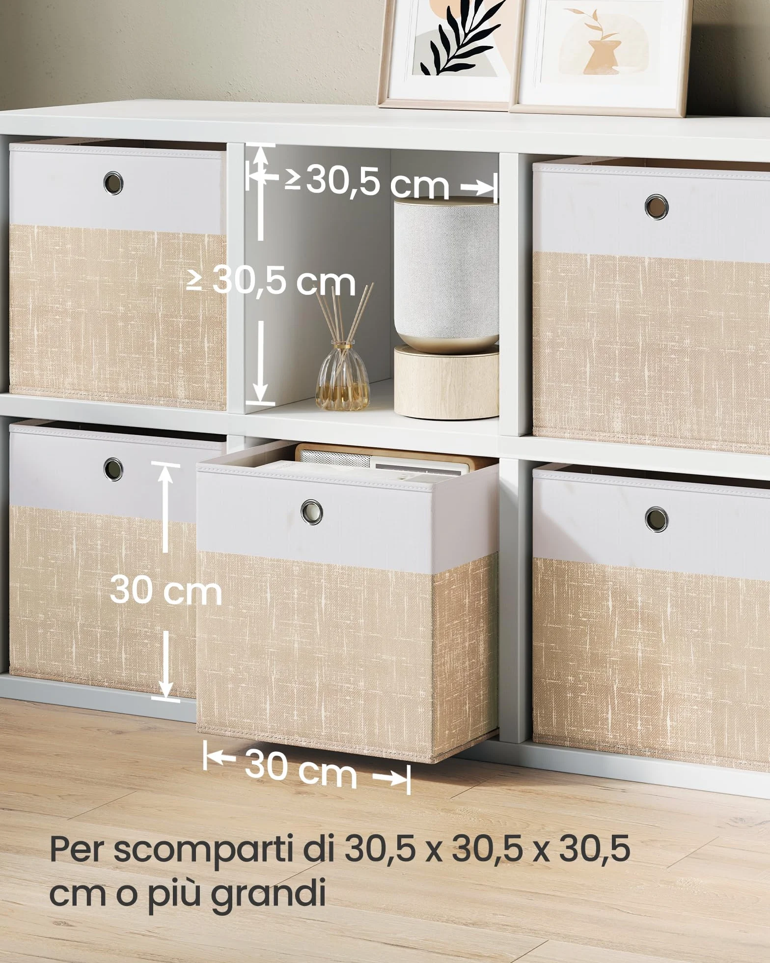 SONGMICS Scatole Portaoggetti Set di 6 Contenitori in Tessuto Pieghevoli 30x30x30 cm Bianco Nuvola Beige Sabbia