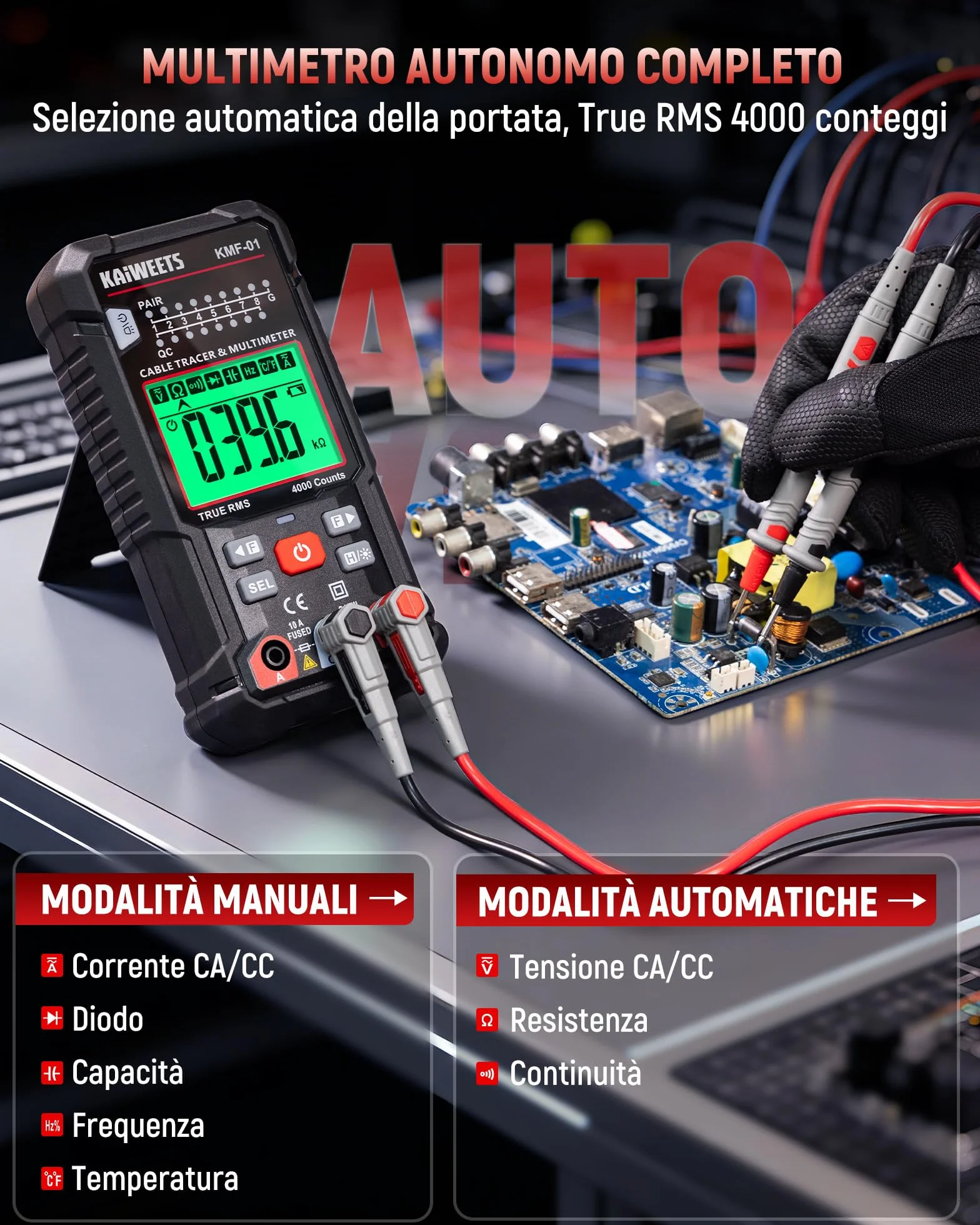 KAIWEETS Multimetro Digitale e Localizzatore di Cavi 3 in 1, Tester Automatico TRMS