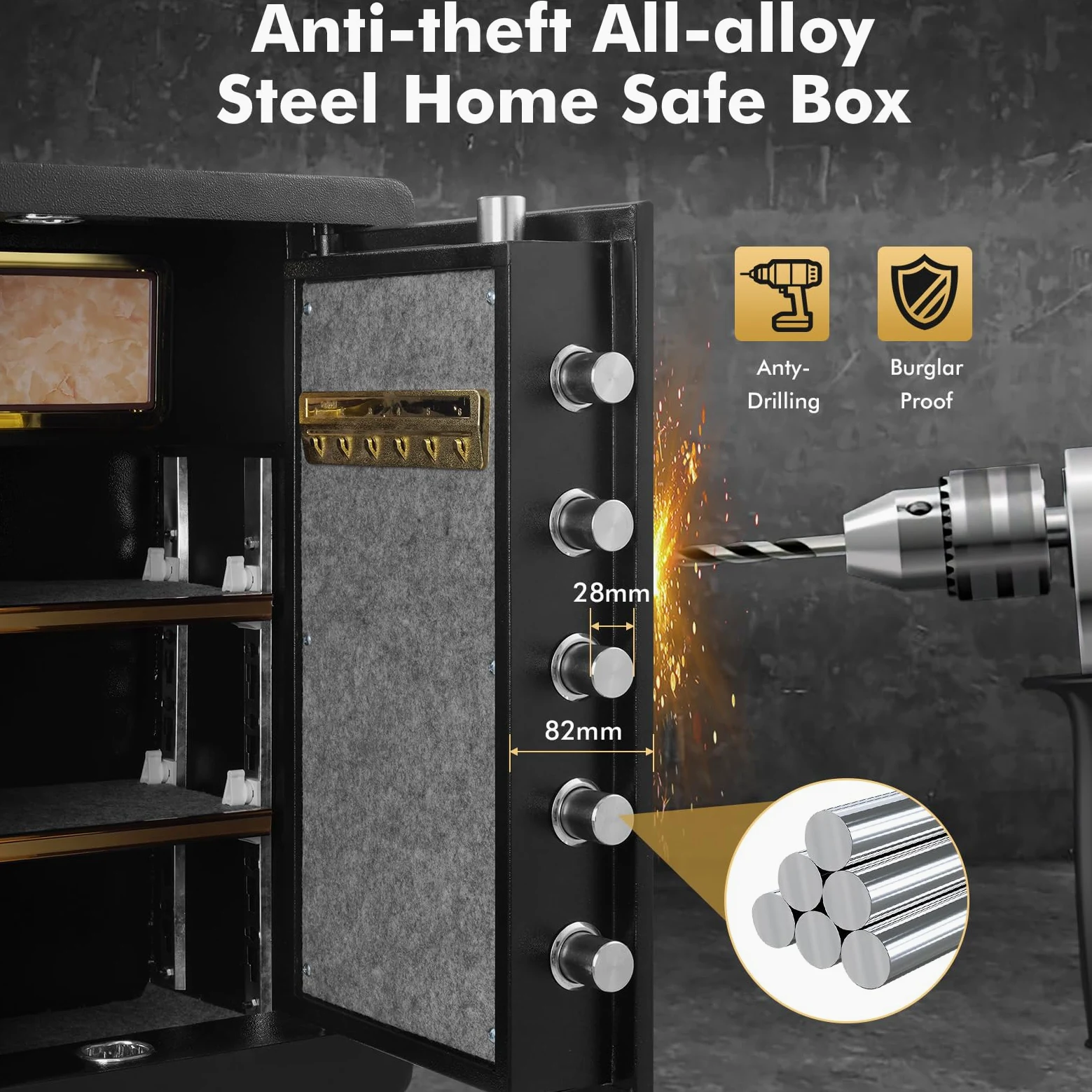 Sararoom Cassaforte in acciaio, 73 l, sicurezza per casa, cassaforte per mobili, cassaforte per hotel, 60 x 32 x 38 cm, con blocco tastiera digitale, ripiano rimovibile, ignifugo, impermeabile per