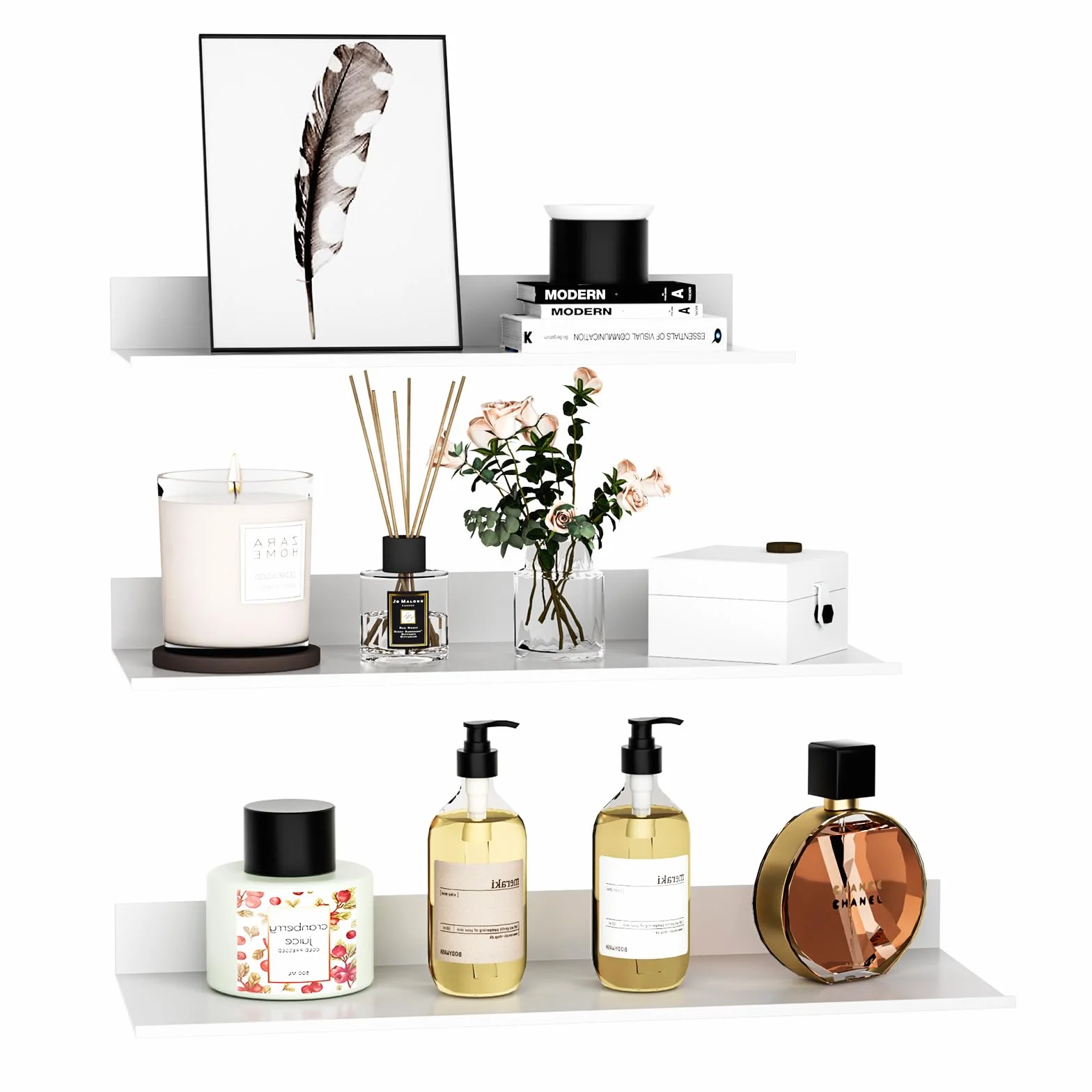 Wisfame Mensole da Muro Design Bianco, Moderne Mensola Decorative per Espositori Set di 3, Metallo Scaffale da Parete per Soggiorno, Camera da Letto, Cucina, Studio, Mensola Bagno Senza Foratura