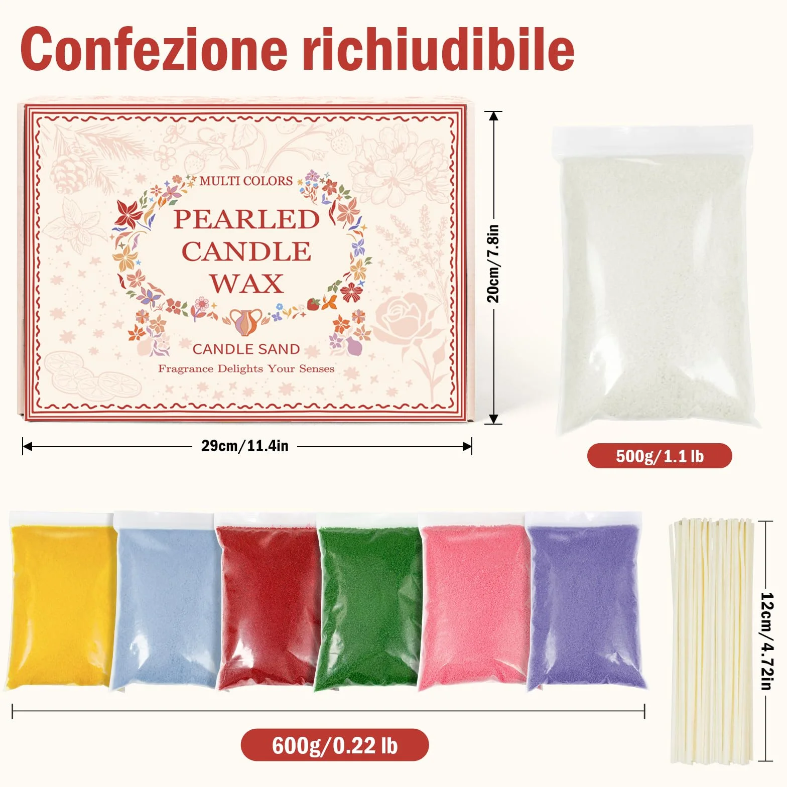 Scent-Hi Sabbia per Candele, Granuli di Cera per Candele, 7 Profumo, 1.1kg, 20 Stoppini, Granulato di Cera per Candele Fai da te - Gelsomino, Lavanda, Rosa, Cedro, Fragola, Limone, Menta