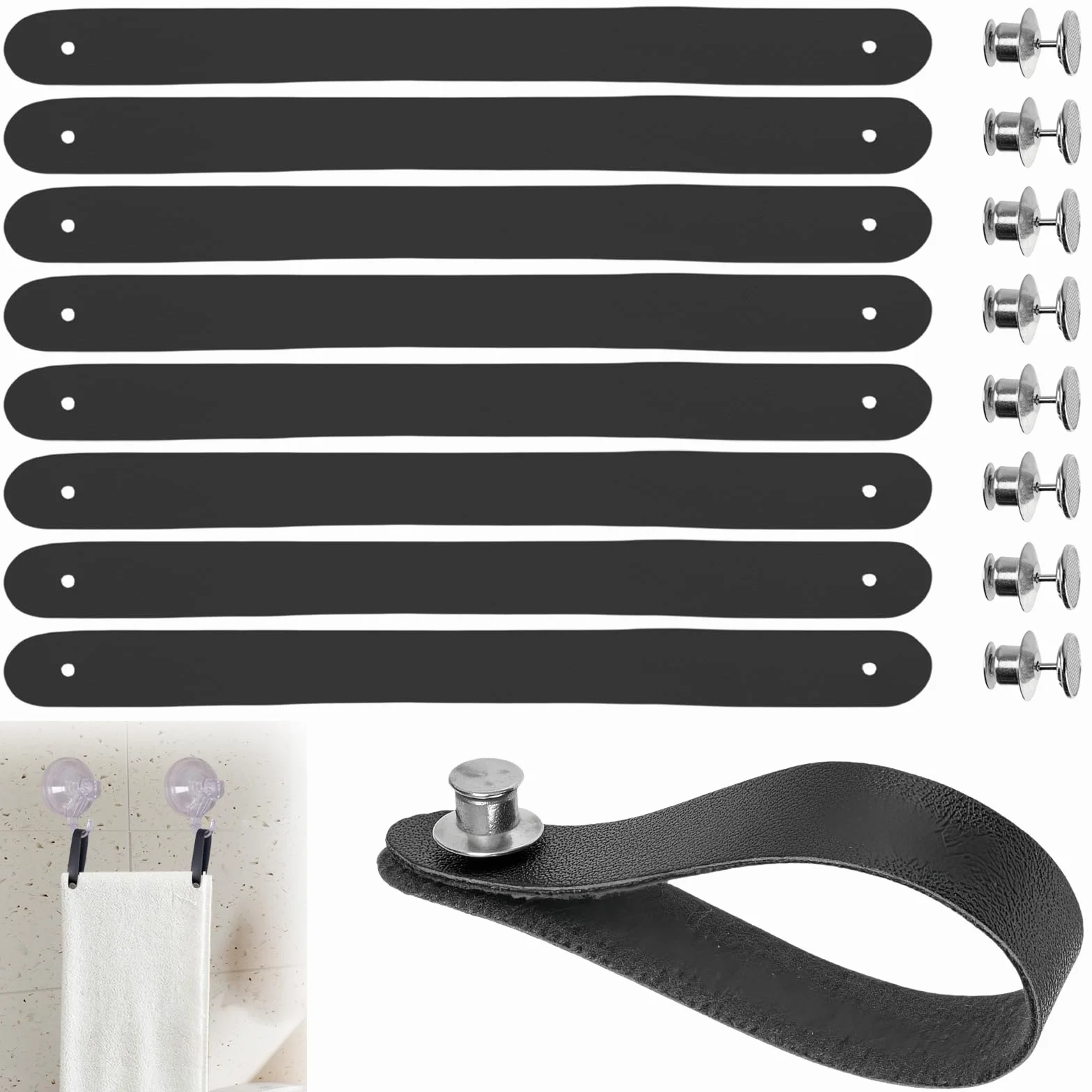 Ganci per Tessuti Senza Cuciture 8 Pezzi 15x1.2cm Pelle PU Chiusura a Bottone Ganci per Asciugamani Bagno Cucina Nero