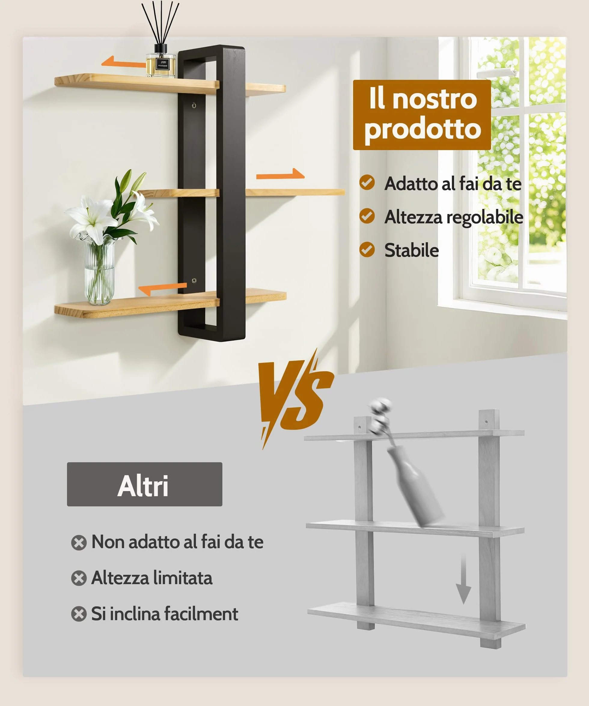 SUMGAR Mensole Sospese in Legno, Mensole Galleggianti, Mensole a Parete più Grandi, Pratici Scaffali Decorativi in Legno Massiccio per Soggiorno Camera da Letto, Ripiani Rimovibili, 50x58cm