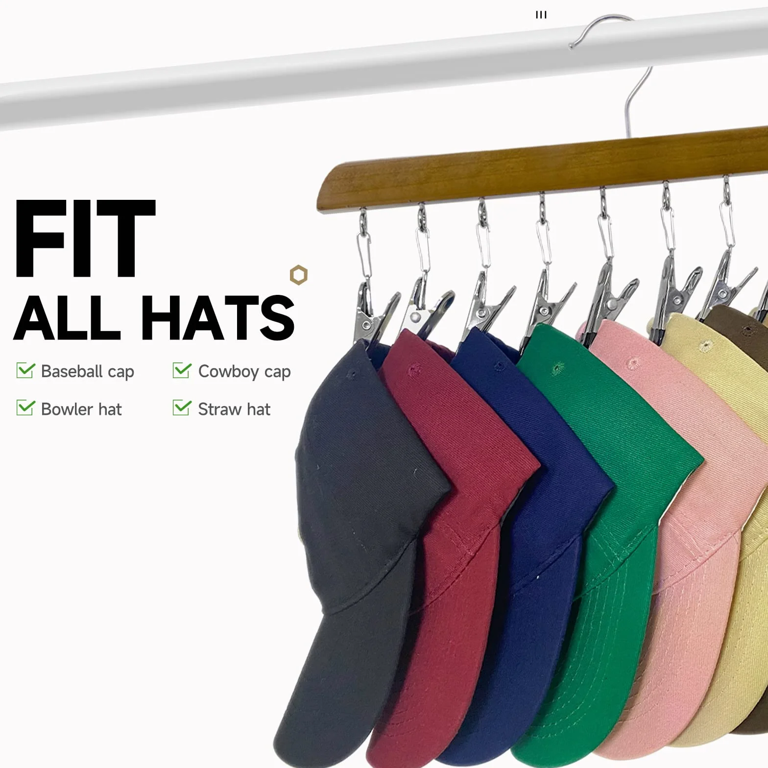 Set di 2 organizzatori per cappelli in legno per armadietto, portacappelli per cappellini da baseball, con 10 clip regolabili in acciaio inox, per cappellini da baseball, adatto a tutti
