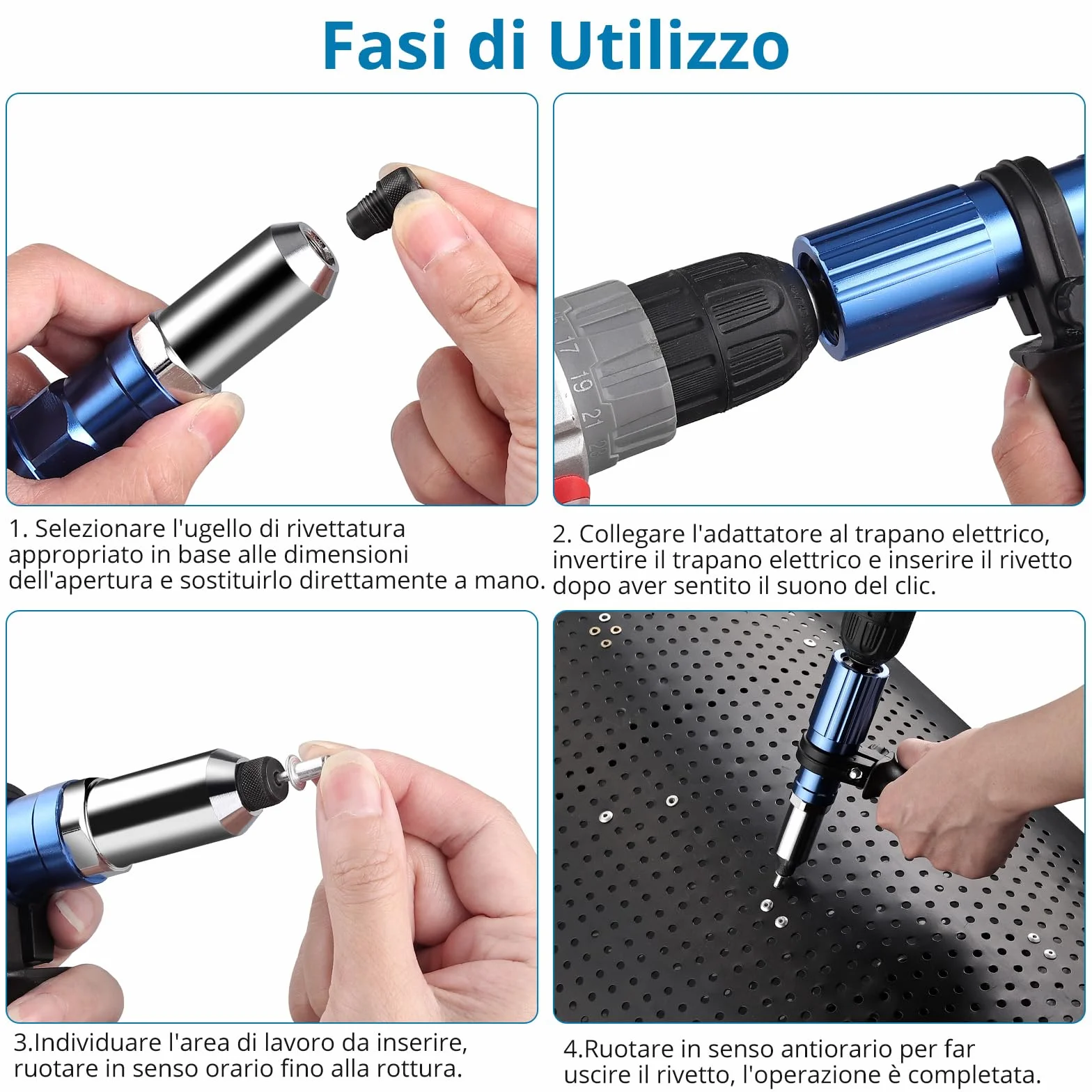 AUTOUTLET Rivetto per Trapano Avvitatore a Batteria, Adattatore Elettrico con Naselli 2,4/3,2/4,0/4,8 mm e 80 Rivetti Ciechi Alluminio Acciaio Inossidabile