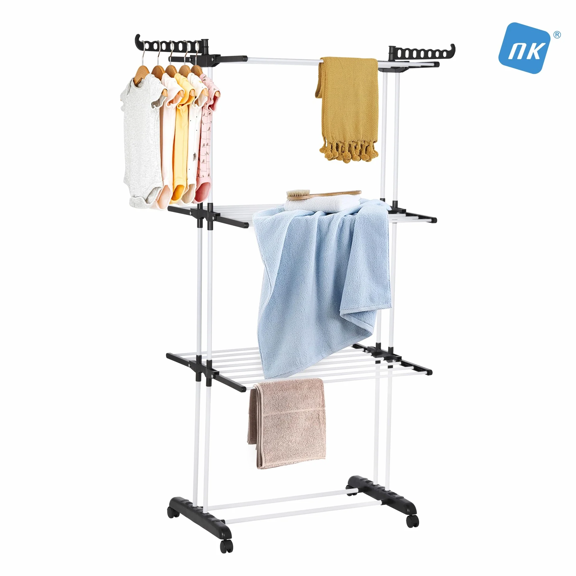 NK Stendino Verticale Salvaspazioa 4 Livelli - 6 Ripiani Retrattili + 2 Ali Laterali con Supporto per Grucce + Scarpiera, Ruote a 360°, Colore Nero e Bianco (19m di Biancheria)