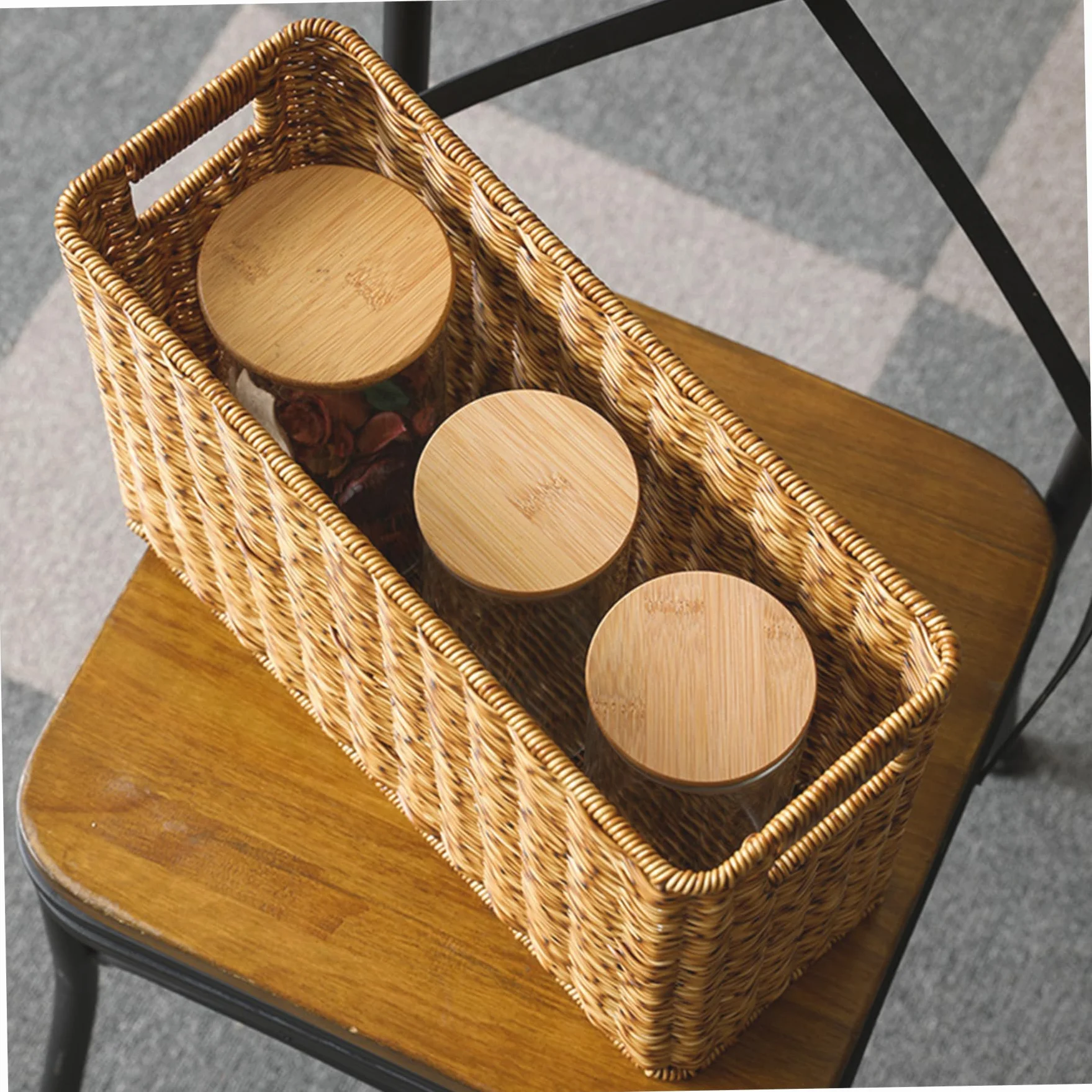Portariviste, Portariviste in Rattan Intrecciato 15x10, 2x5, 9 Pollici con Manici, Cestino Portaoggetti Rettangolare per Giornali, Bottiglie, Giocattoli, Scrivania da Ufficio, Marrone Chiaro