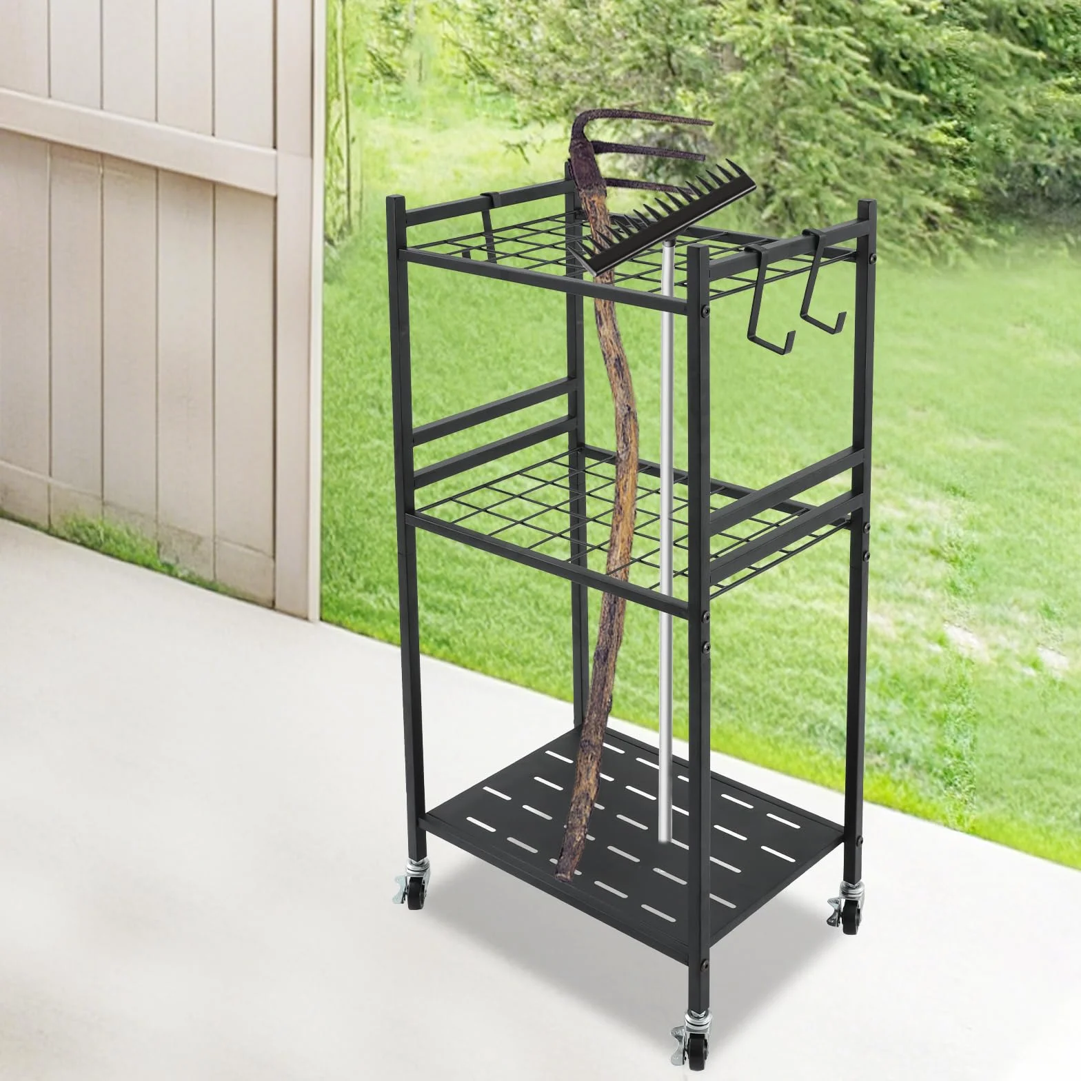 Supporto per attrezzi da giardino, in metallo, per attrezzi da giardino, 43 x 30 x 79,5 cm, con ruote per giardino e garage
