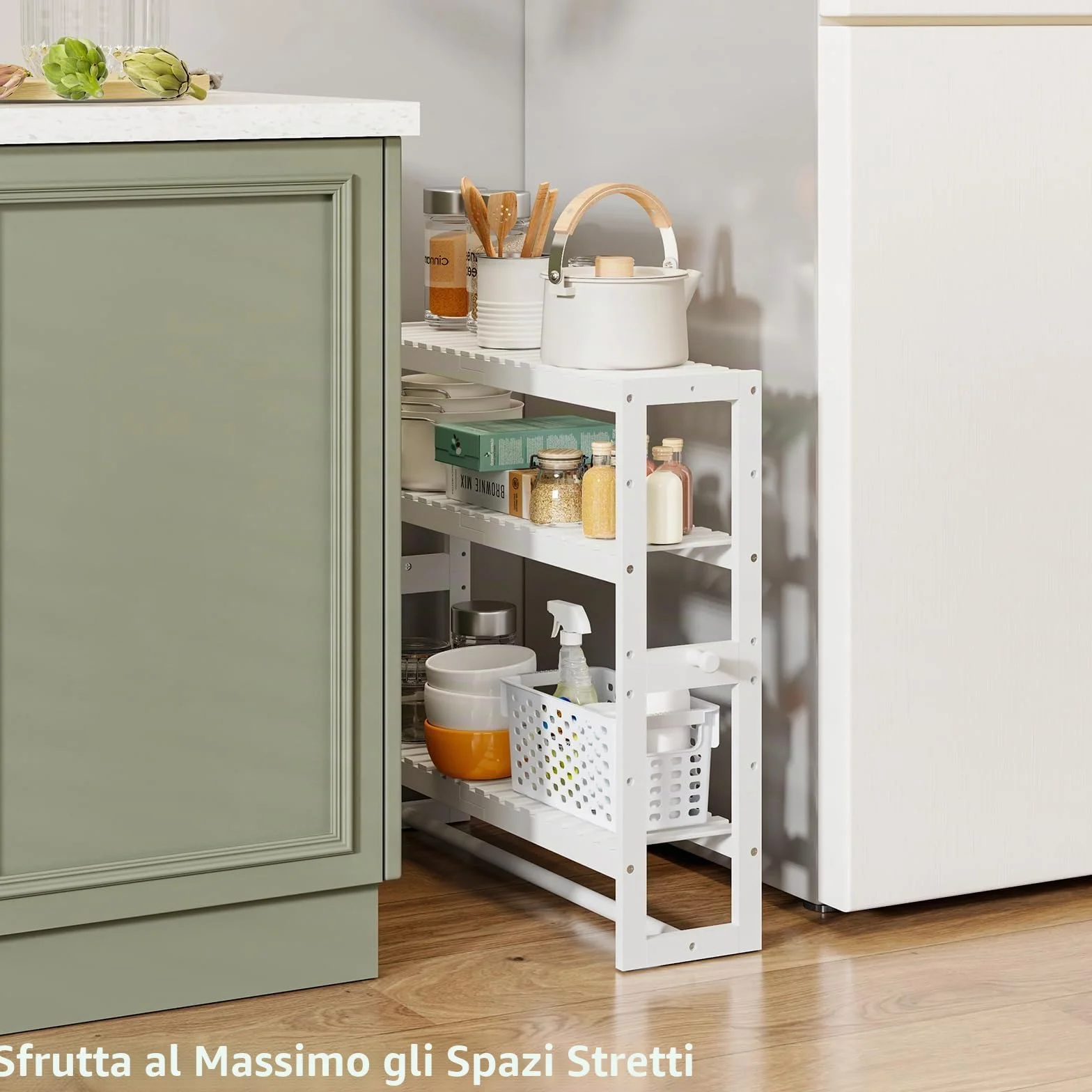 Mensola portaoggetti da bagno, 15 cm di profondità x 50 cm di larghezza x 53,2 cm di altezza, 3 livelli regolabili, montaggio a parete in bambù con barra, scaffale bianco, asta appendiabiti per bagno