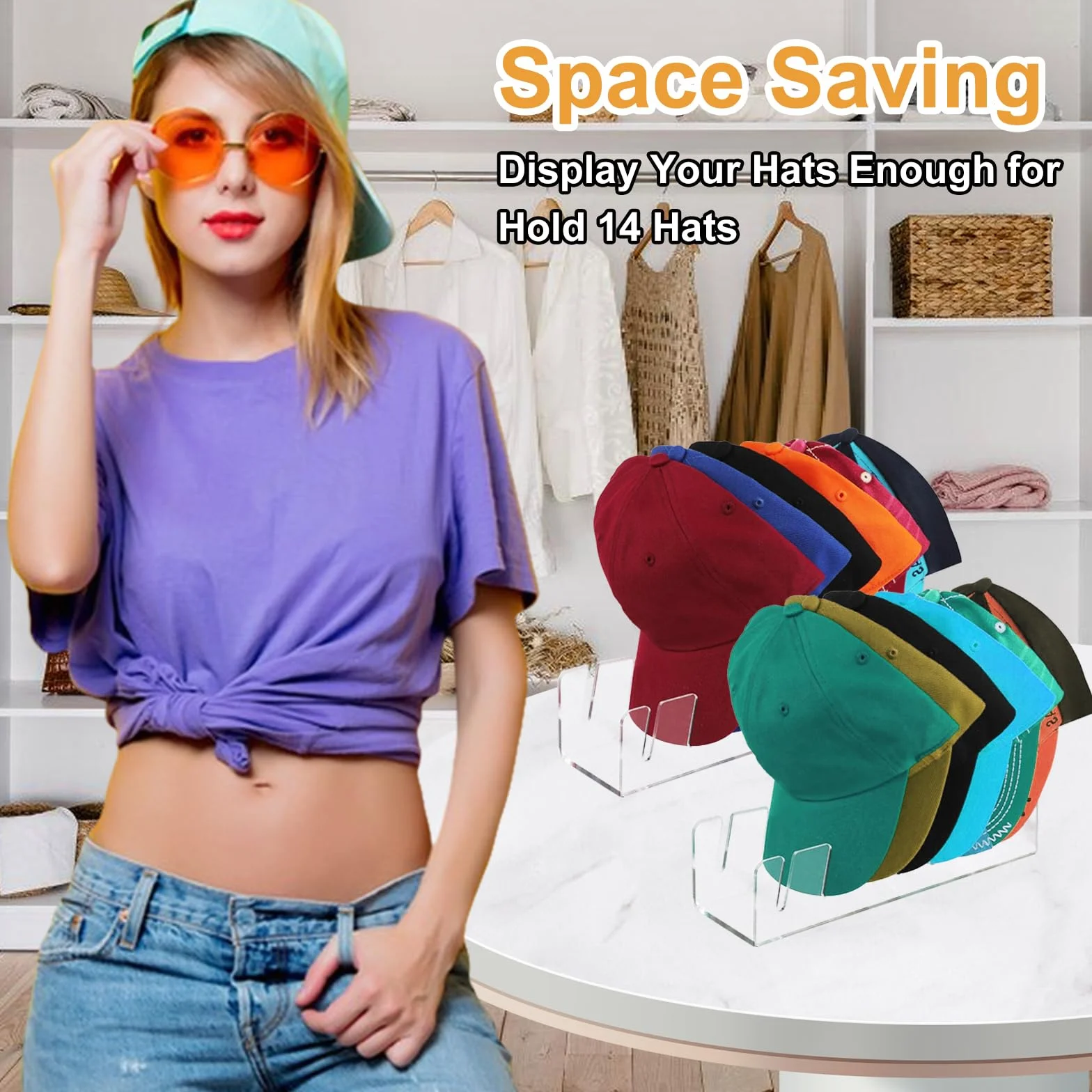 Set da 2 Porta Cappelli in Acrilico Trasparente, Organizzatore per 14 Cappellini, Autoportante Salvaspazio