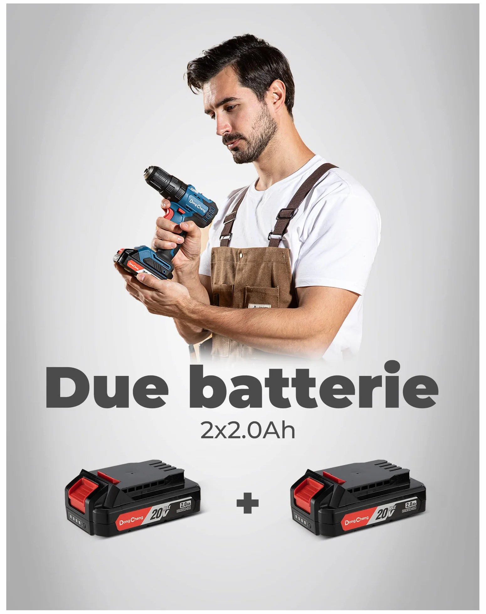 DongCheng trapano percussione a batteria 20V 50 Nm, trapano avvitatore batteria con 2 Batteries 2,0Ah, motore brushless, 20+1+1 Coppie, 2 velocità, mandrino 13 mm,19 Accessori