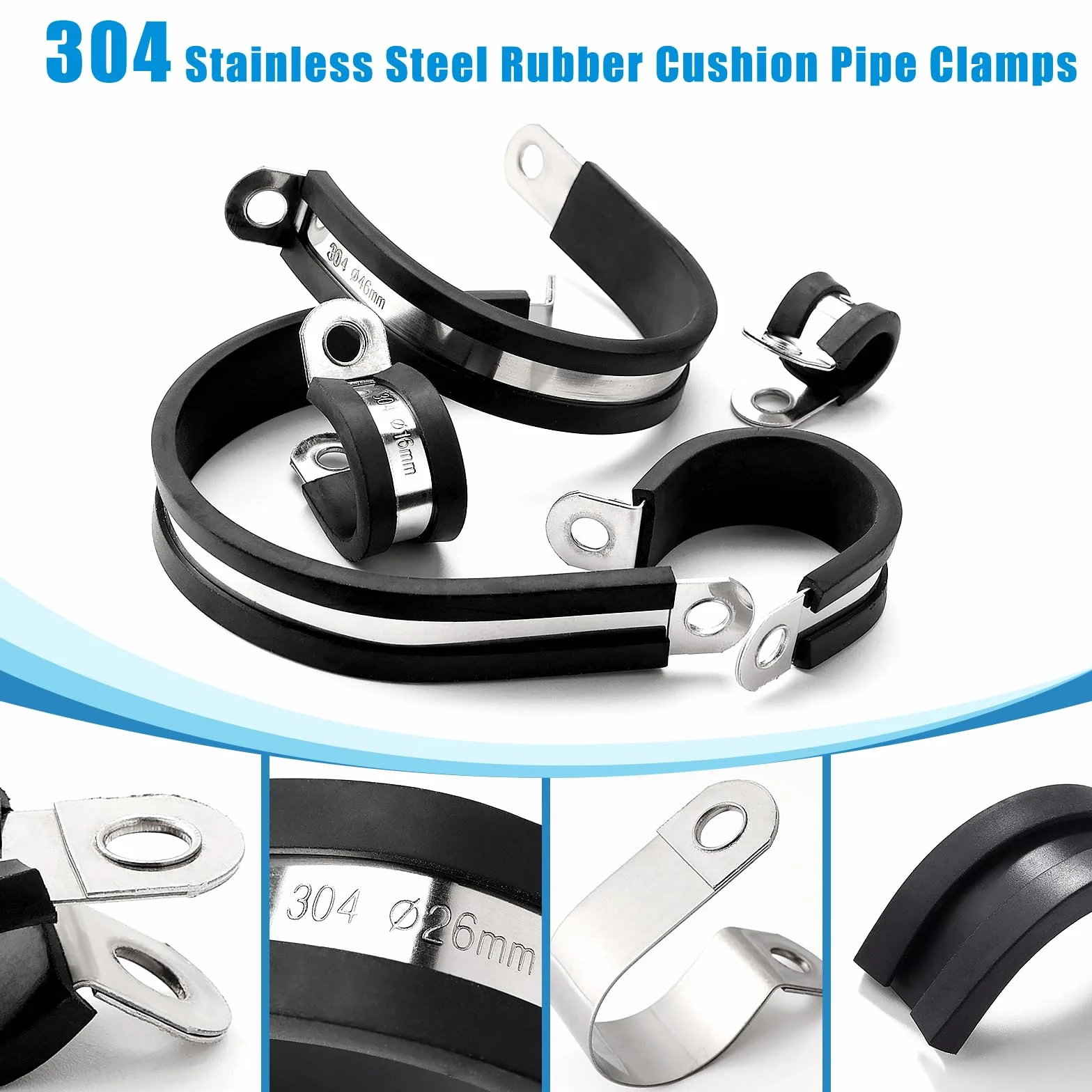 6 Pezzi 50mm Fascette Stringitubo in Gomma, Clip a P Rivestite in Gomma, Morsetto a P in Acciaio Inox 304, per Fissare Tubi e Cavi