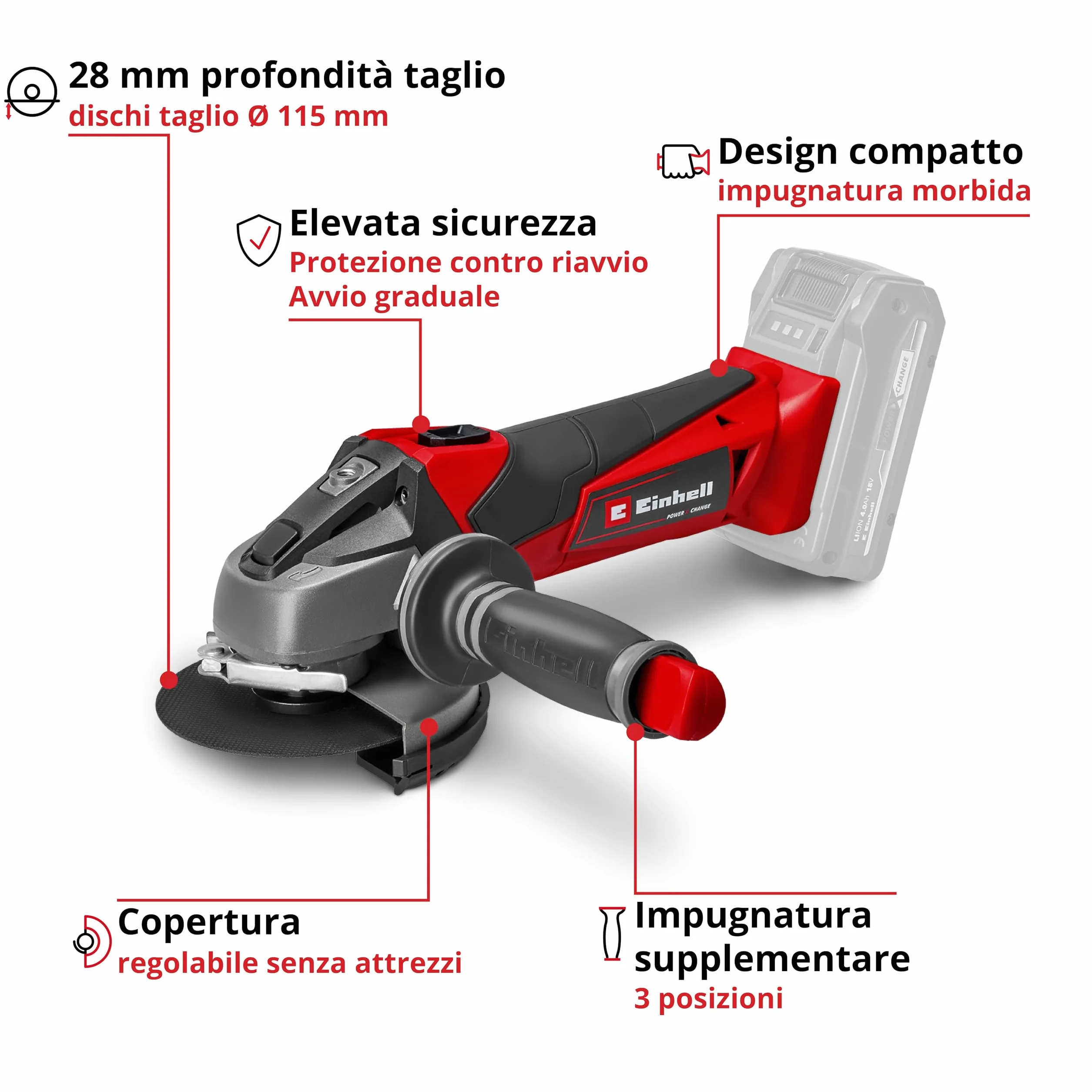 Einhell Smerigliatrice angolare a batteria TE-AG 18/115 Li-Solo Power X-Change (18 V, 115 mm diametro disco, 28 mm profondità taglio, soft start, senza disco, senza batteria)