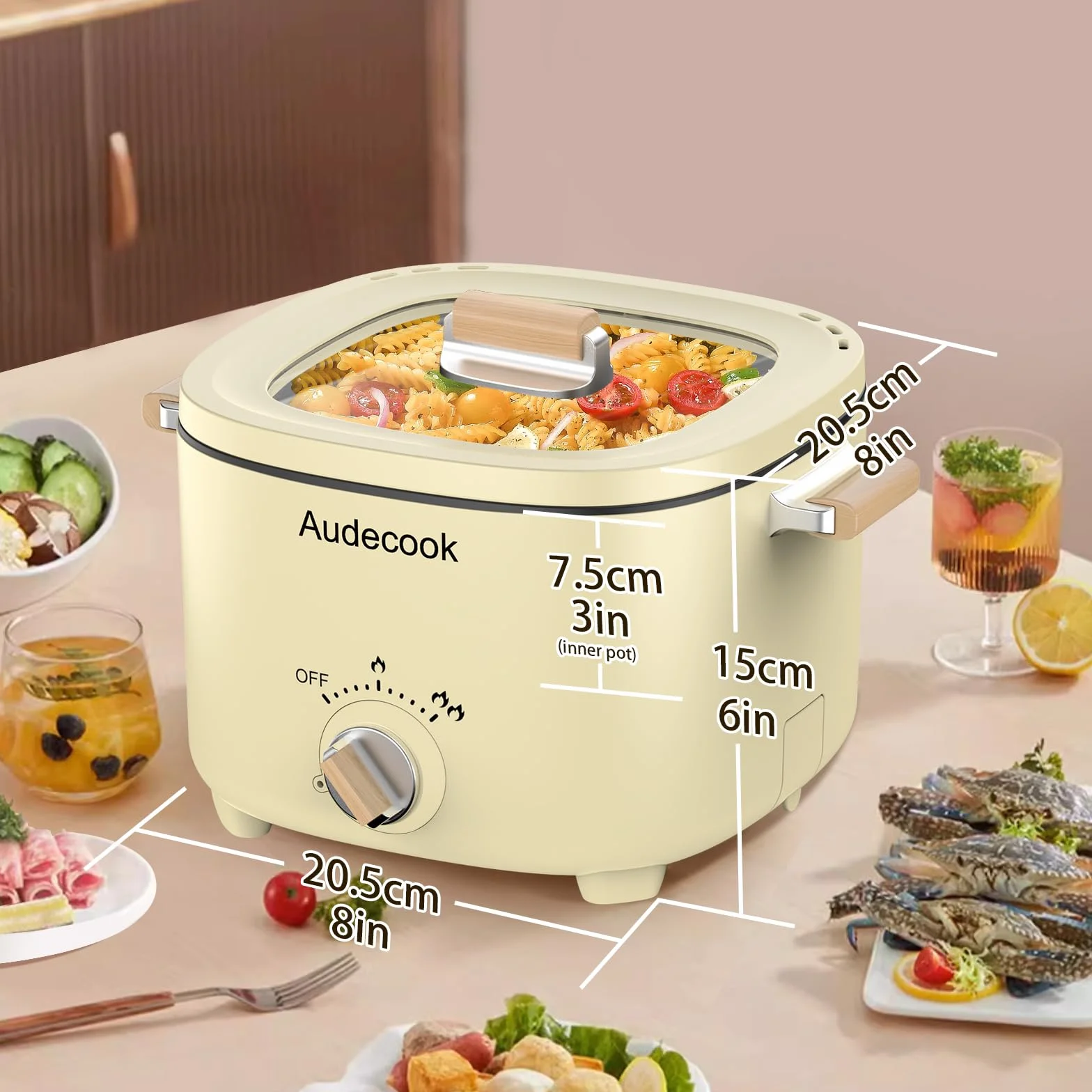 Audecook Hot Pot Elettriche 2.5L, Portatile Mini Antiaderente Pentola Elettrica per 1-3 Persone, Padella Elettrica Multifunzionale di Doppio Controllo per Pasta/Zuppa/Uova/Bistecca (Beige)