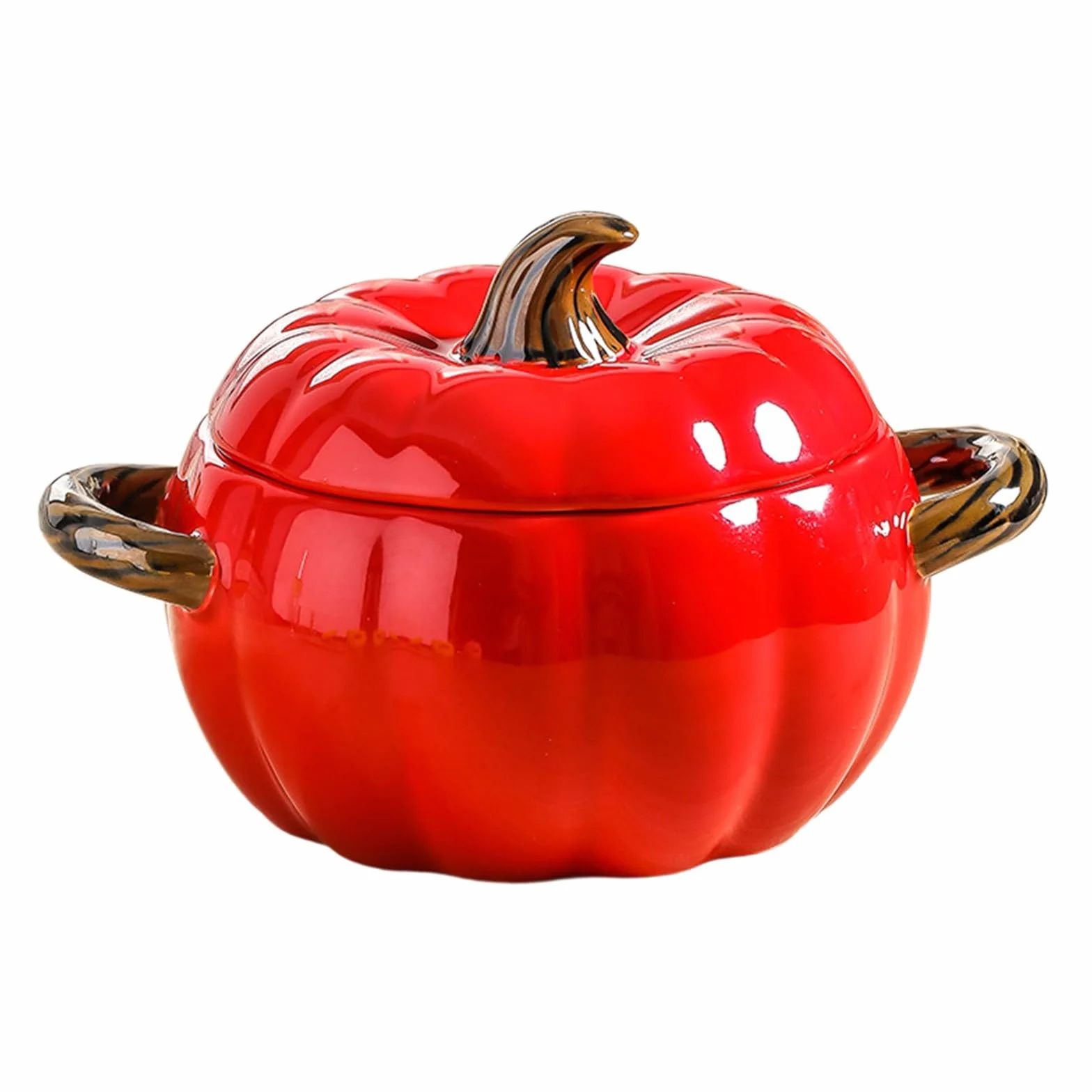 Casseruola in ceramica a forma di zucca, adorabile ciotola di zucca, antiaderente, con coperchio, utensili da cucina in porcellana, stoviglie di ringraziamento di Halloween (rosso)