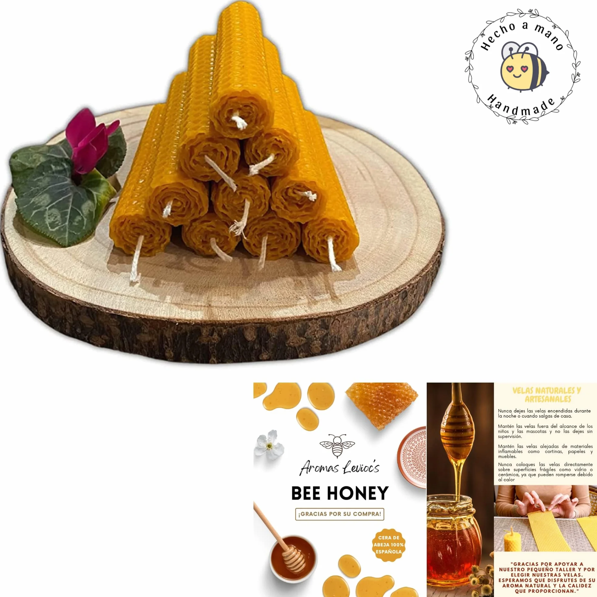 Candele al miele d'api 8 pezzi, cera d'api pura 100% spagnola, fatte a mano, 10x2,2 cm, senza paraffina