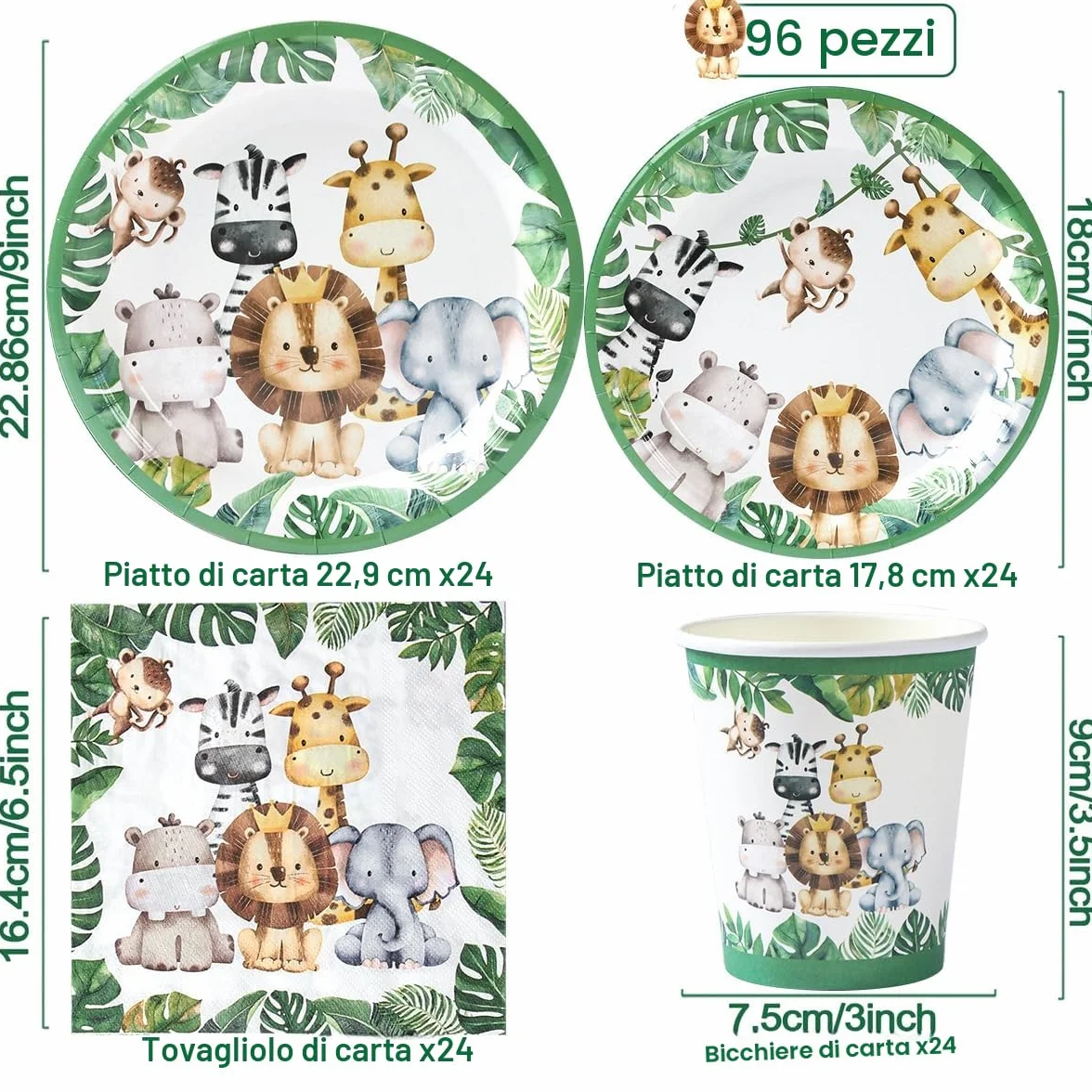 Stoviglie per Feste Animali Giungla 24 Ospiti - 96 pezzi Set da Tavola Tema Jungle