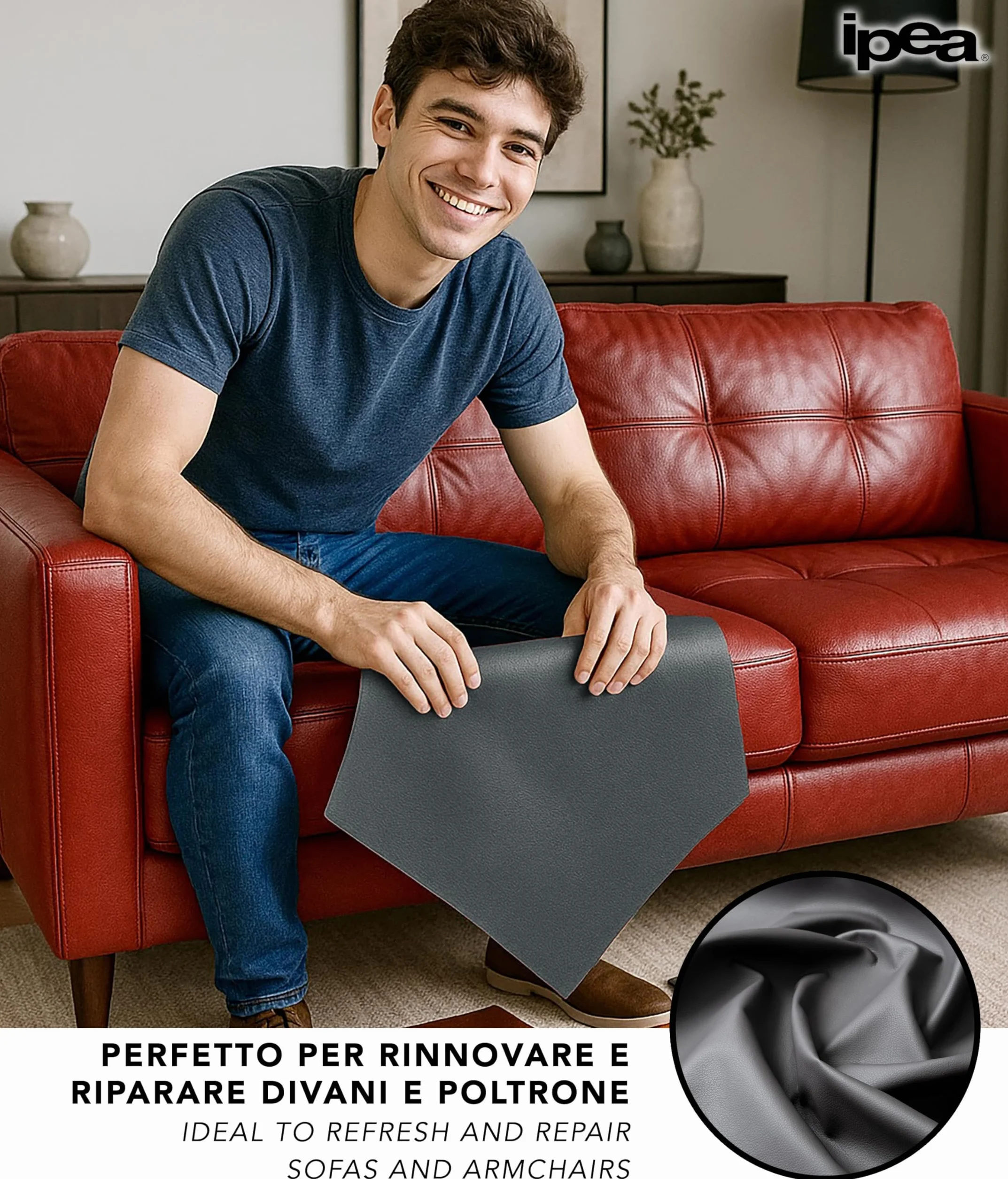 IPEA Tessuto Ecopelle Finta Pelle Rivestimento Arredamento 140 x 50 cm Pelle Sintetica Morbida Grigio Scuro