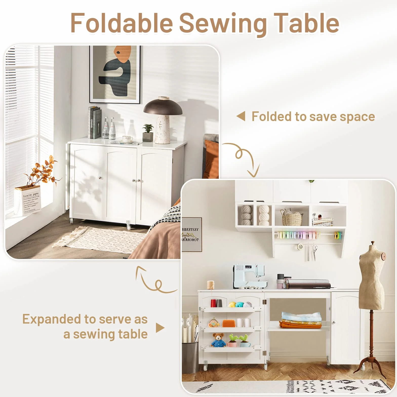 GIANTEX 2 in 1 Mobiletto Cucito, Tavolo Cucire Pieghevole, con 4 Ruote, Armadio Versatile in Legno, per Salone/Salotto/Ufficio, Carico di 55kg, 158,5x50x74cm (Bianco)