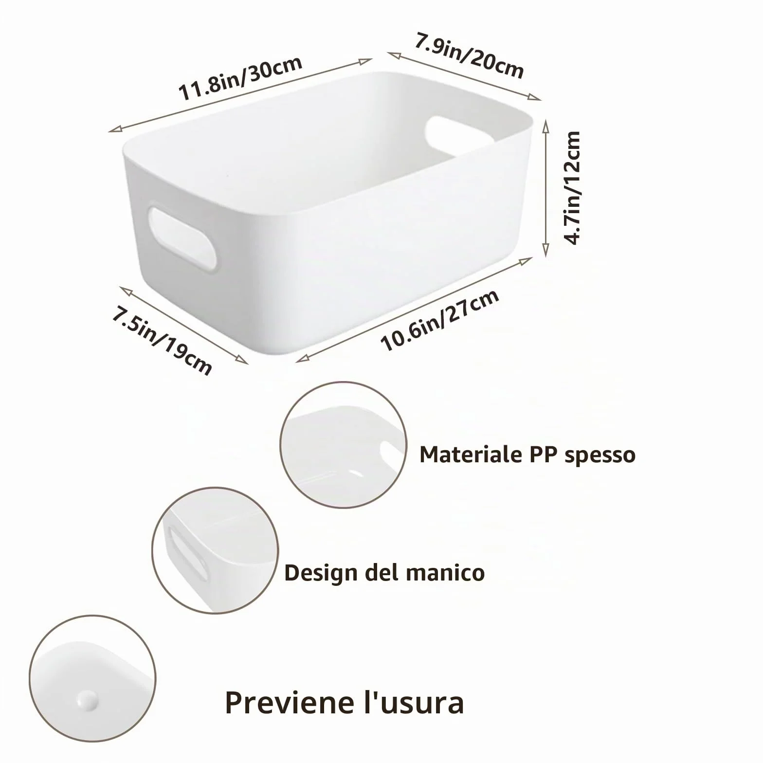 10 pezzi Scatola portaoggetti in plastica con manici, 30x20x12cm, scatola di plastica per la conservazione, per armadio da cucina, bagno, scaffale, organizer da desktop (Bianco)