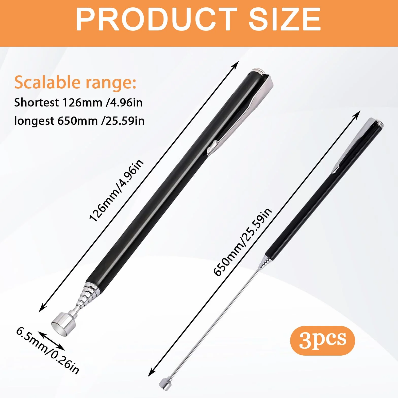 3 Pezzi Strumento di Raccolta Magnetico Telescopici Set, Asta Telescopica Portatile e Magnetica, Penna Magnetica Telescopica per Bulloni, Dadi, Viti, Estensibile fino a 65cm/62cm (Argento/Nero/Rosso)