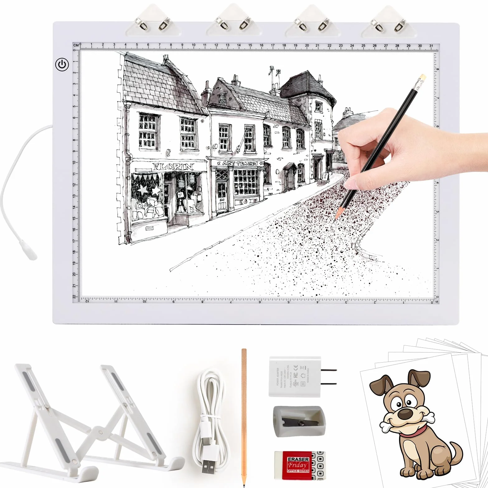 TOHETO A4 Lavagna Luminosa per Disegnare con Supporto Pieghevole, 8000 Lux Tampone Luminoso Ultra Sottile Artista LED Tracing Light Pad Board Box for Tracciamento, Disegno, Pittura Diamante - Bianco