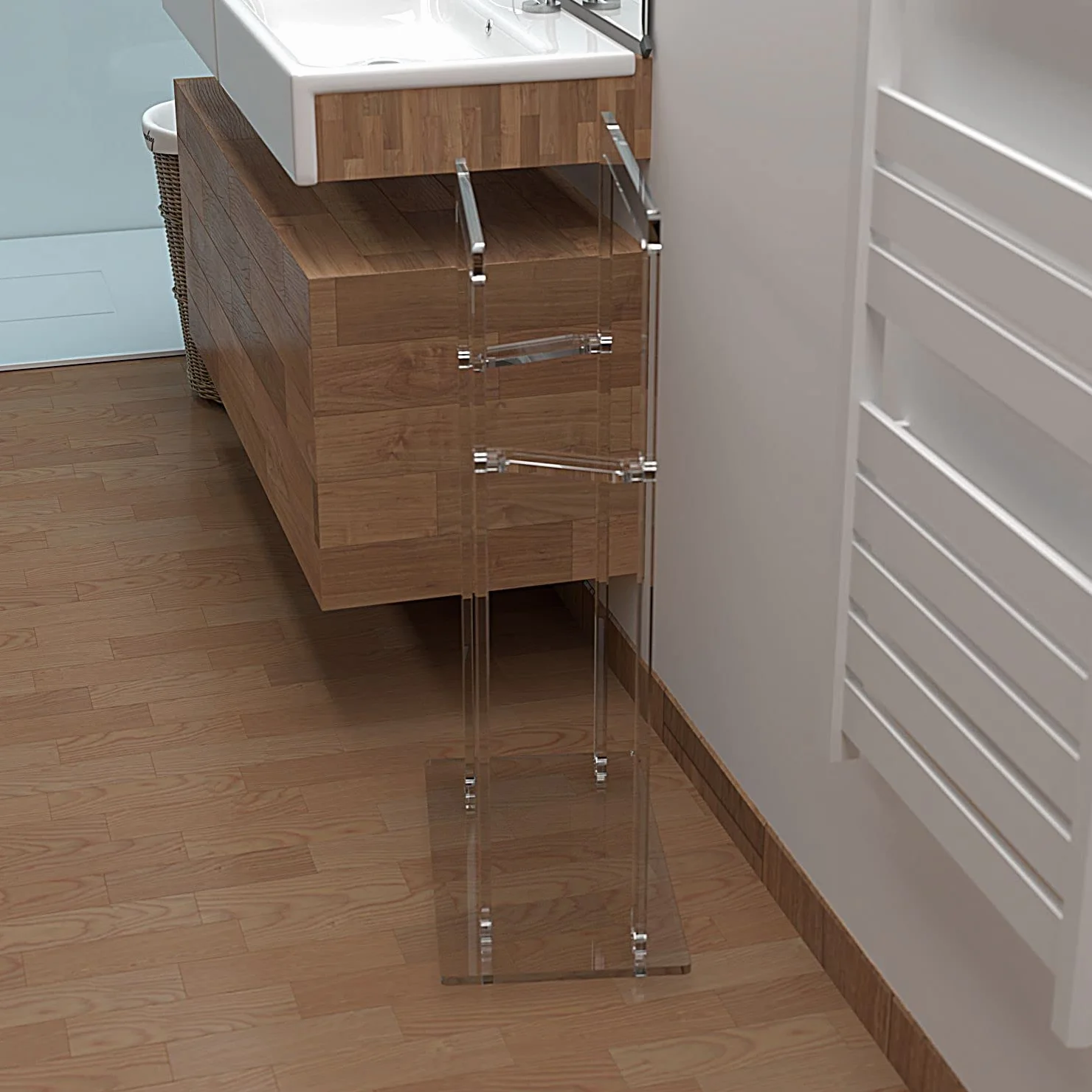 AGPLEX Piantana porta asciugamani bagno da terra in vetro acrilico trasparente 50x28x87cm, Portasciugamani bagno moderno e resistente con supporti antiruggine - Made in Italy