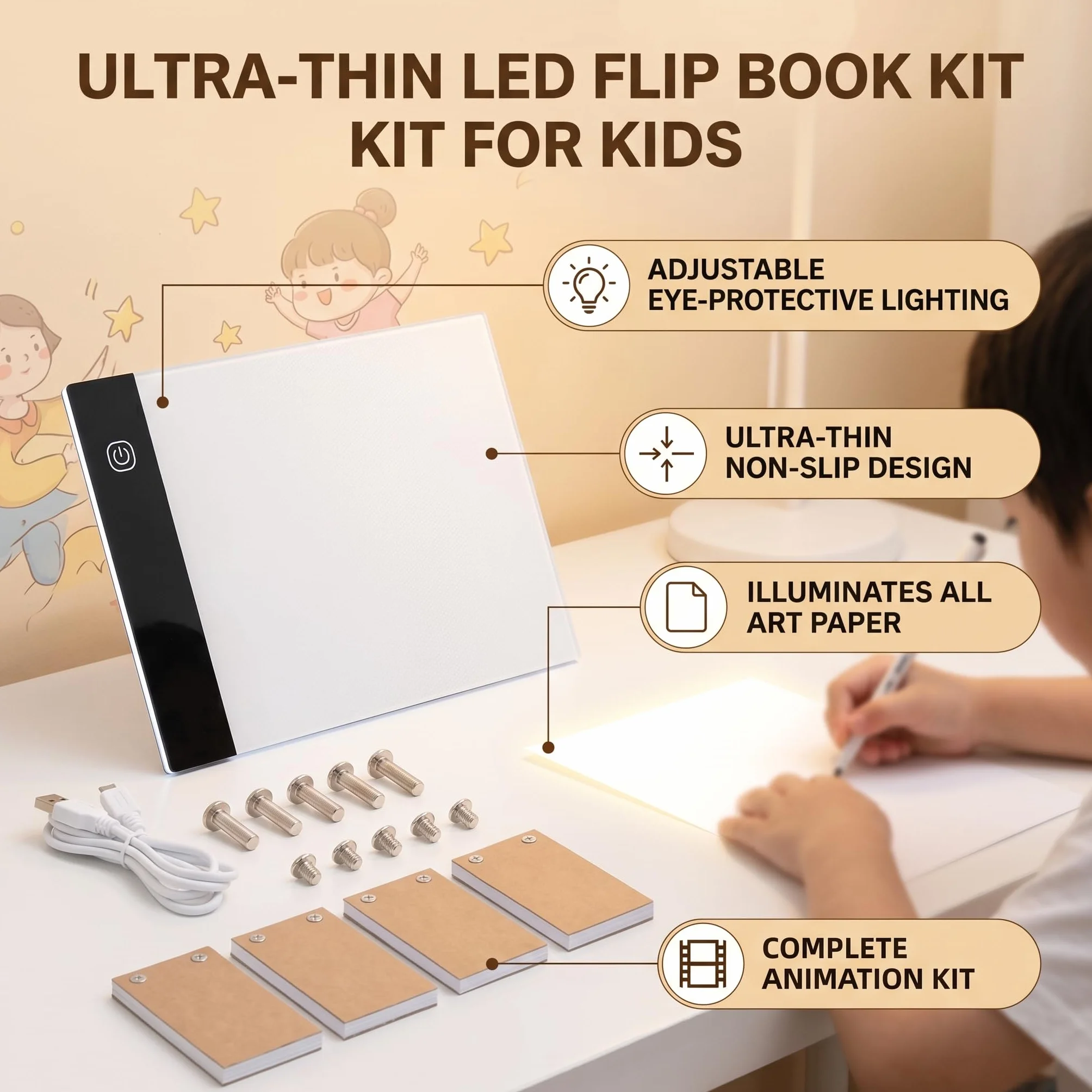 Kit Flip Book A6 con Pad Luminoso LED, Scatola Luminosa per Disegnare e Ricalcare, Set per Animazione con Viti di Rilegatura