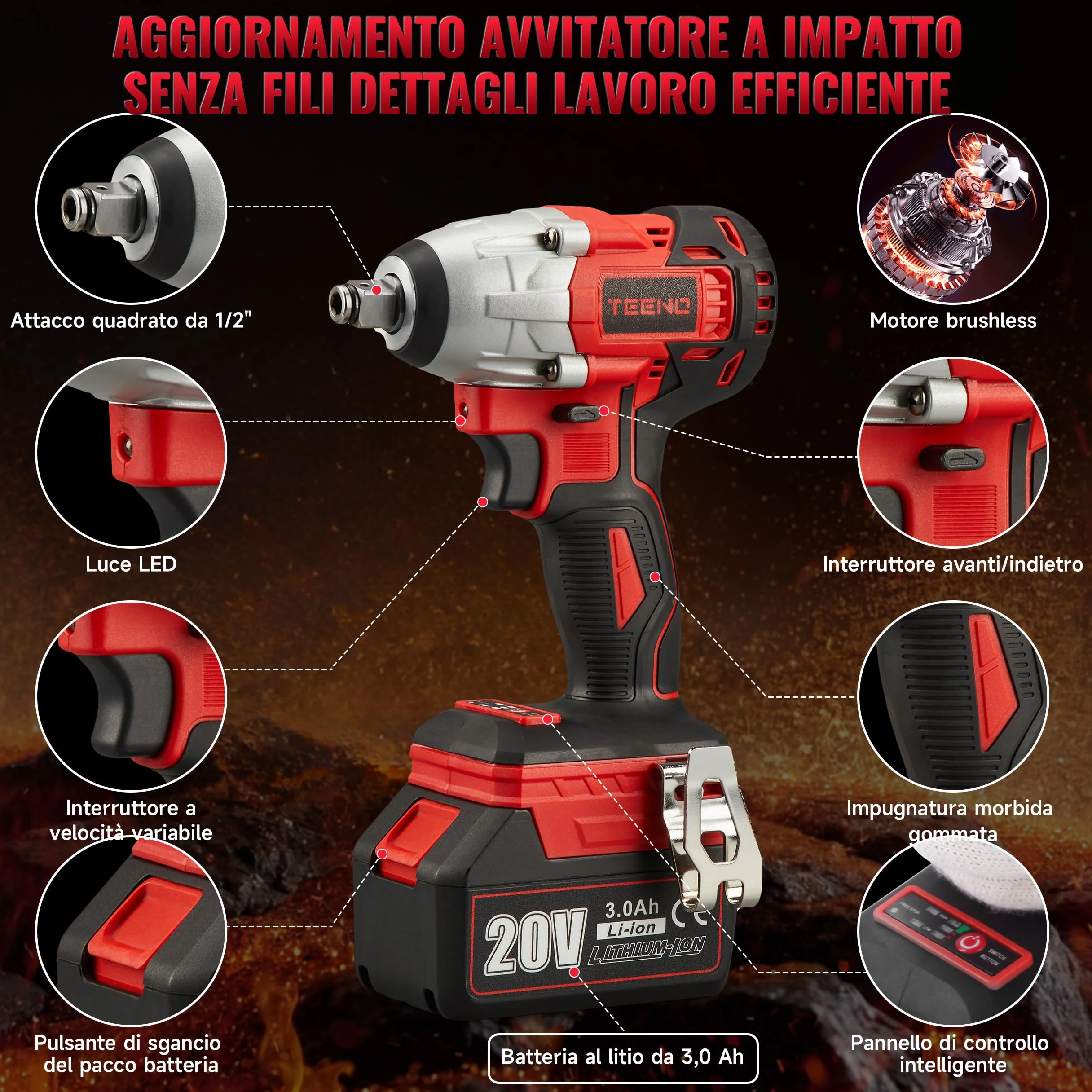 TEENO Chiave a percussione senza fili 320 Nm Bullonatrice a urto 3,0 Ah 25 accessori