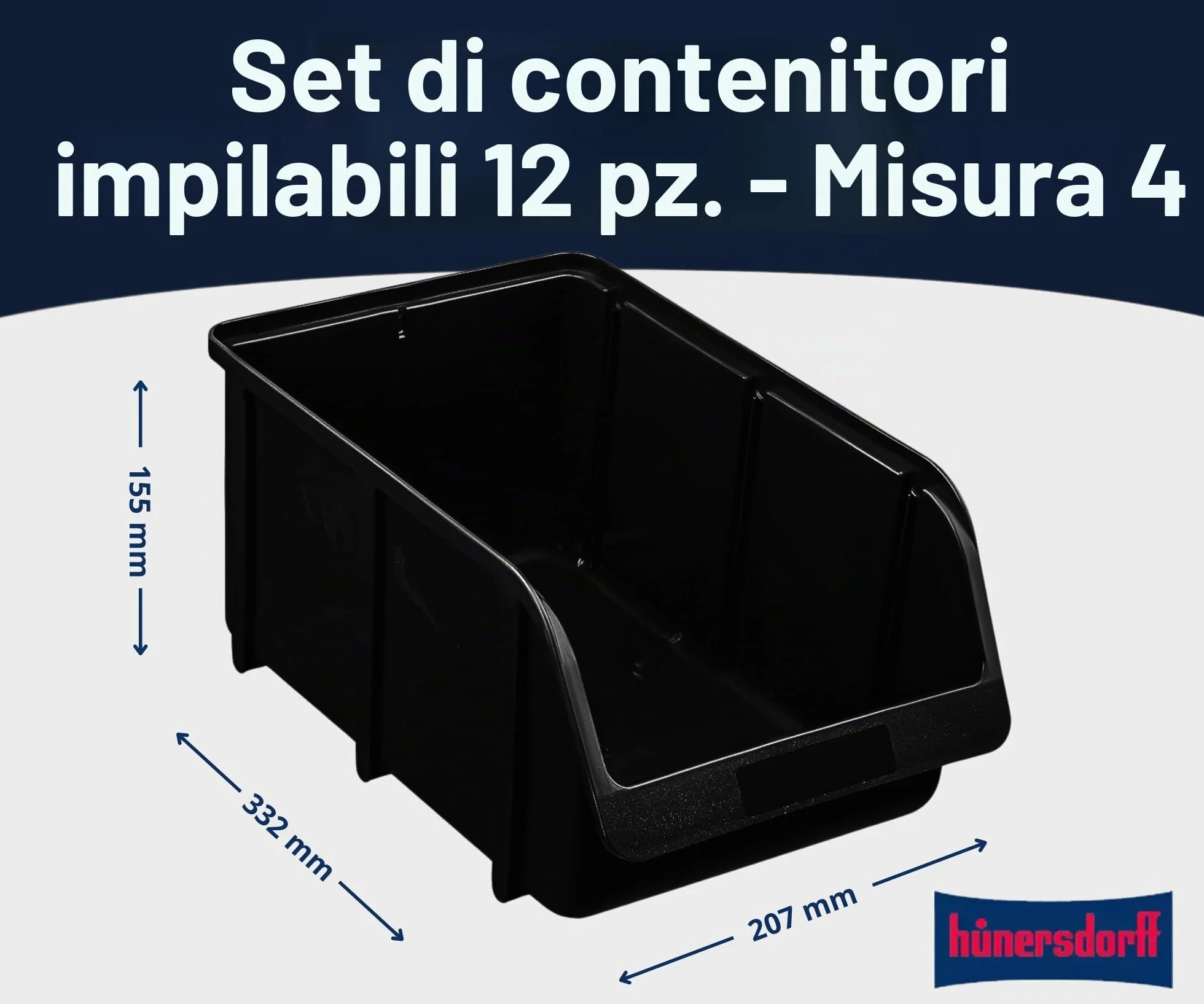 Hünersdorff Set 12 scatole portaoggetti impilabili polipropilene infrangibile PP riciclato nero