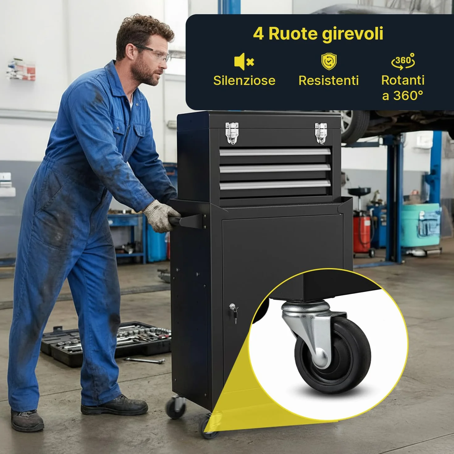 Carrello Officina Porta Attrezzi in Metallo con 3 Cassetti Scorrevoli, Banco da Lavoro Mobile per Garage