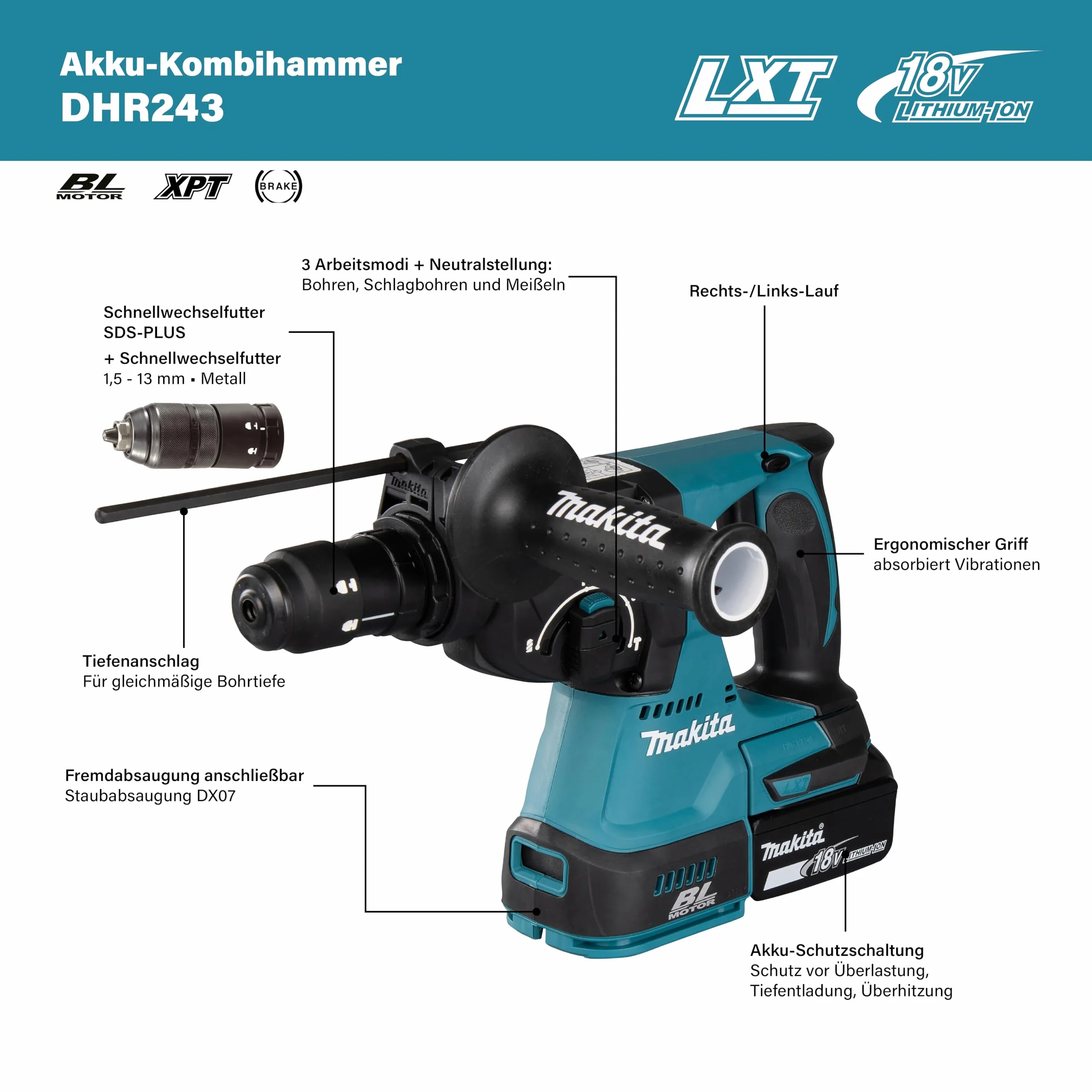 Makita DHR243Z DHR243Z-Martillo ligero 18V SDS-Plus Litio-Ion 24 mm BL (portabrocas) Solo Maquina sin cargador Ni bateria, 1 V, Nero, Large