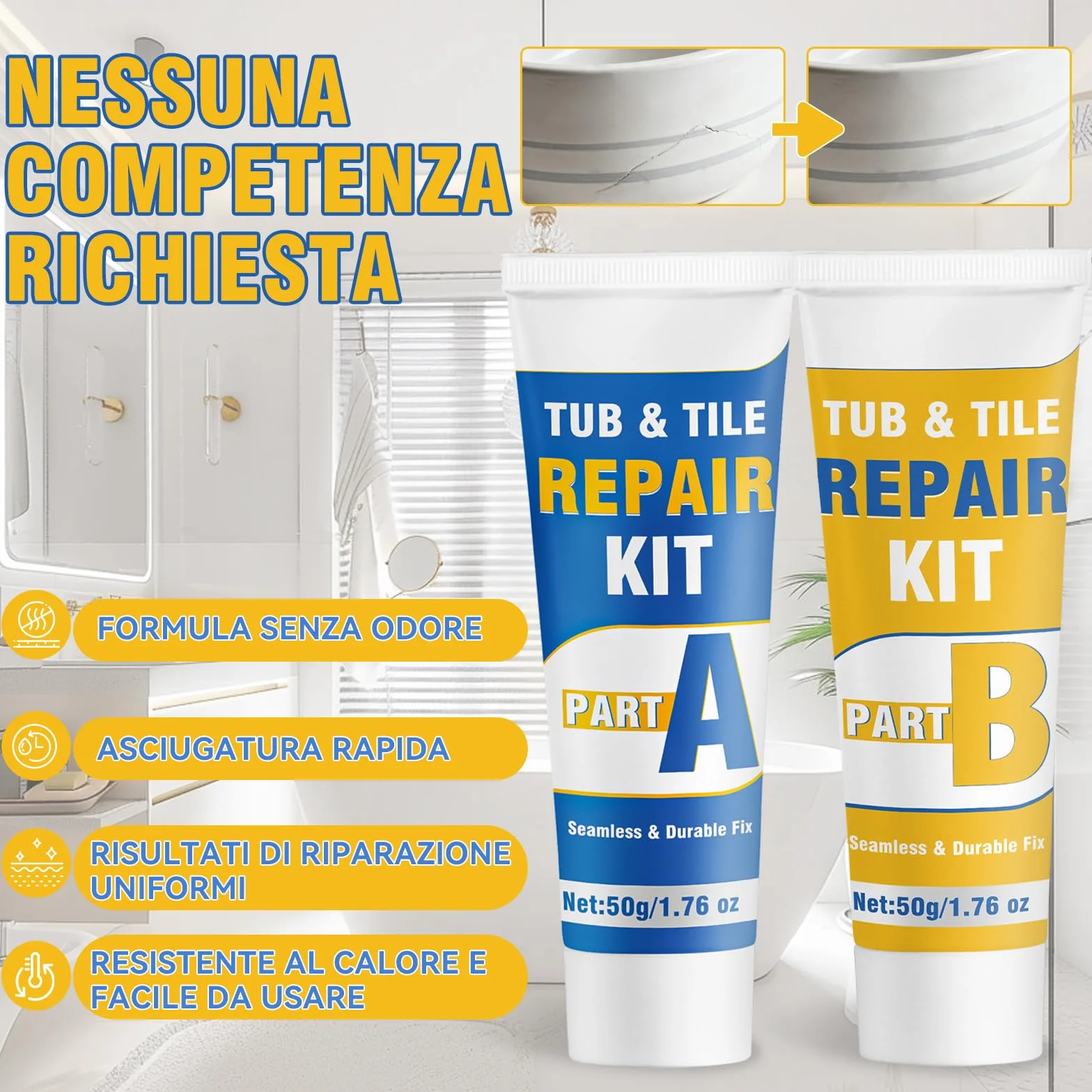 prowithlin Kit Riparazione Piastrelle, Riparazione Piatto Doccia Resina – Ripara Piastrelle Scheggiate, Ripara Gres Porcellanato, Ripara Ceramica Lavandino – Impermeabile, Colore Regolabile (1)