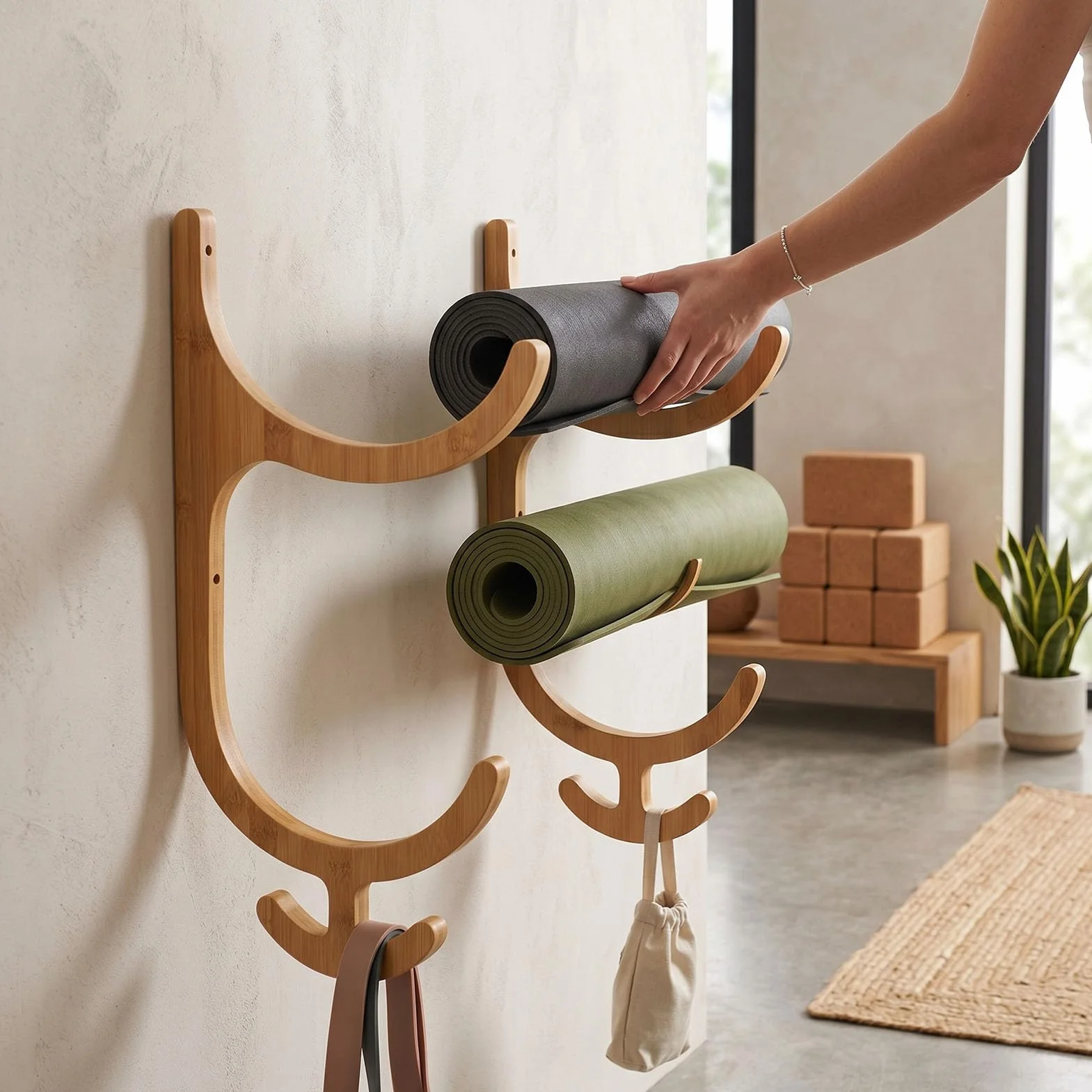 Sxhlseller Portaoggetti per Tappetini da Parete in bambù, Organizer da Palestra a 2 Livelli con 4 Ganci per Borse Fitness e Rulli in Schiuma, Display Verticale per Attrezzature per Allenamento a Casa