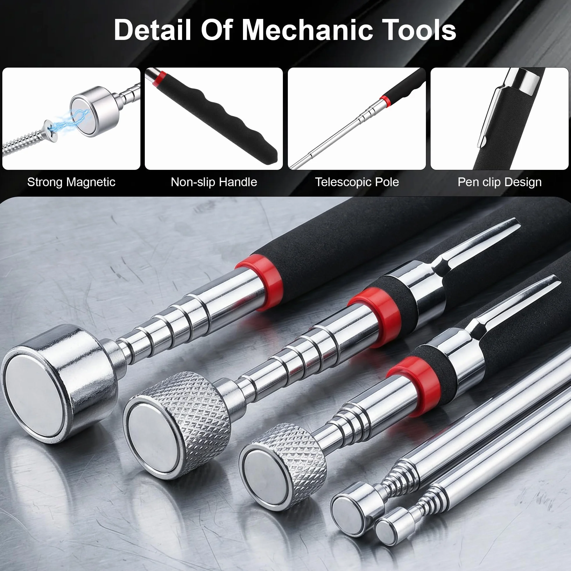 6 Pezzi Penne Calamita Telescopiche, 1,5/3,5/10/15/30lb Aste Telescopiche Magnetiche Flessibili con Specchio Rotondo, Set di Strumenti per Raccolta Magnetica, Magneti Extra Potenti, Utensili Auto