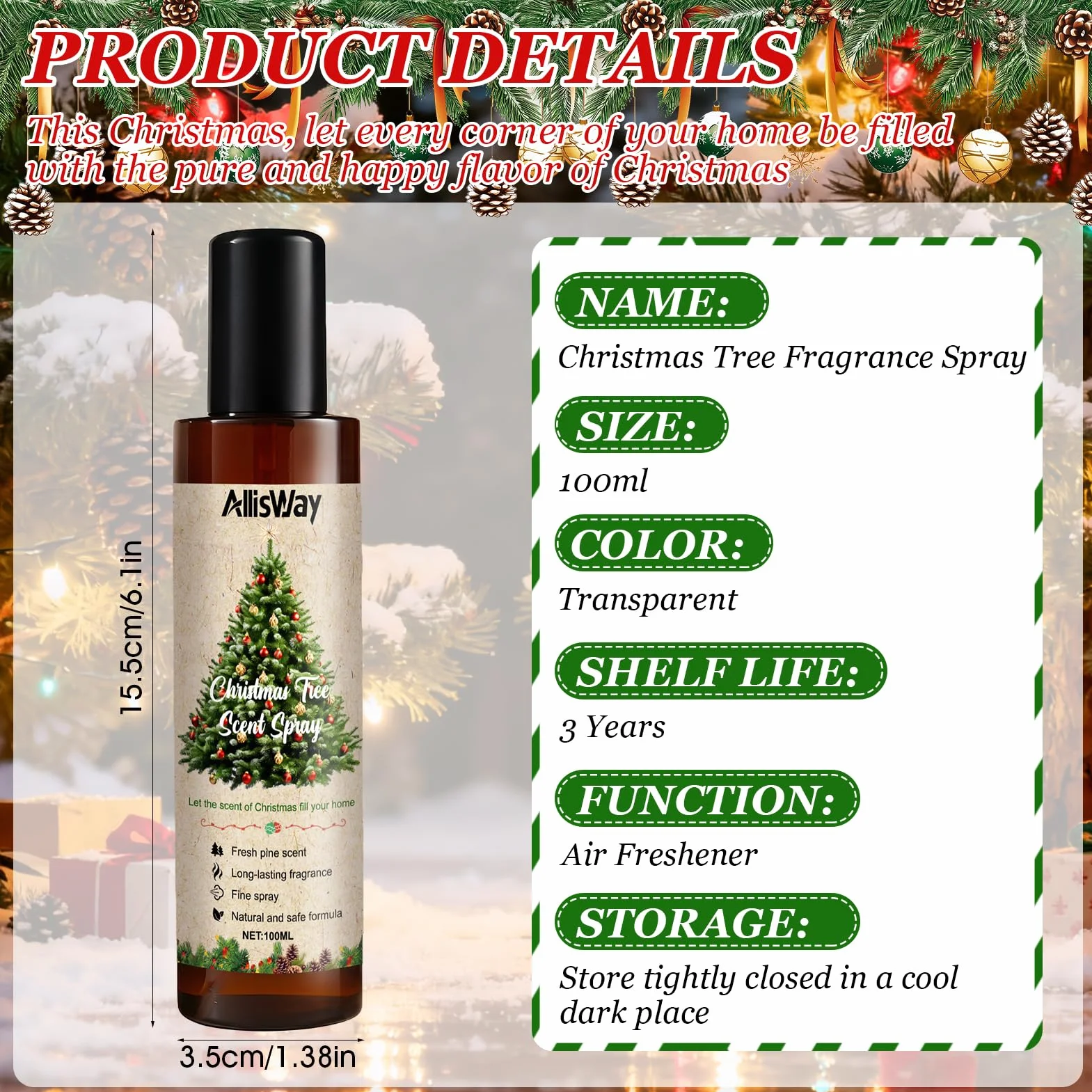 Fragranza per albero di Natale, deodorante per Natale, profumo fresco di pino, che crea un'atmosfera festosa, adatto per alberi di Natale, interni o vestiti, 100 ml
