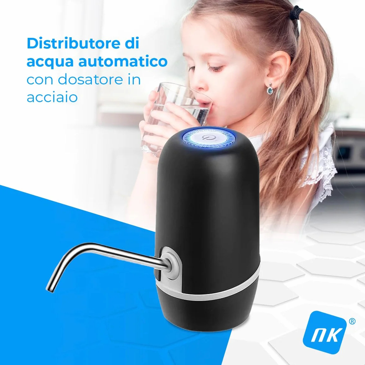 NK Dispenser di acqua automatico ricarica USB dosatore acciaio senza BPA 1200 mAh 1,5 l Nero