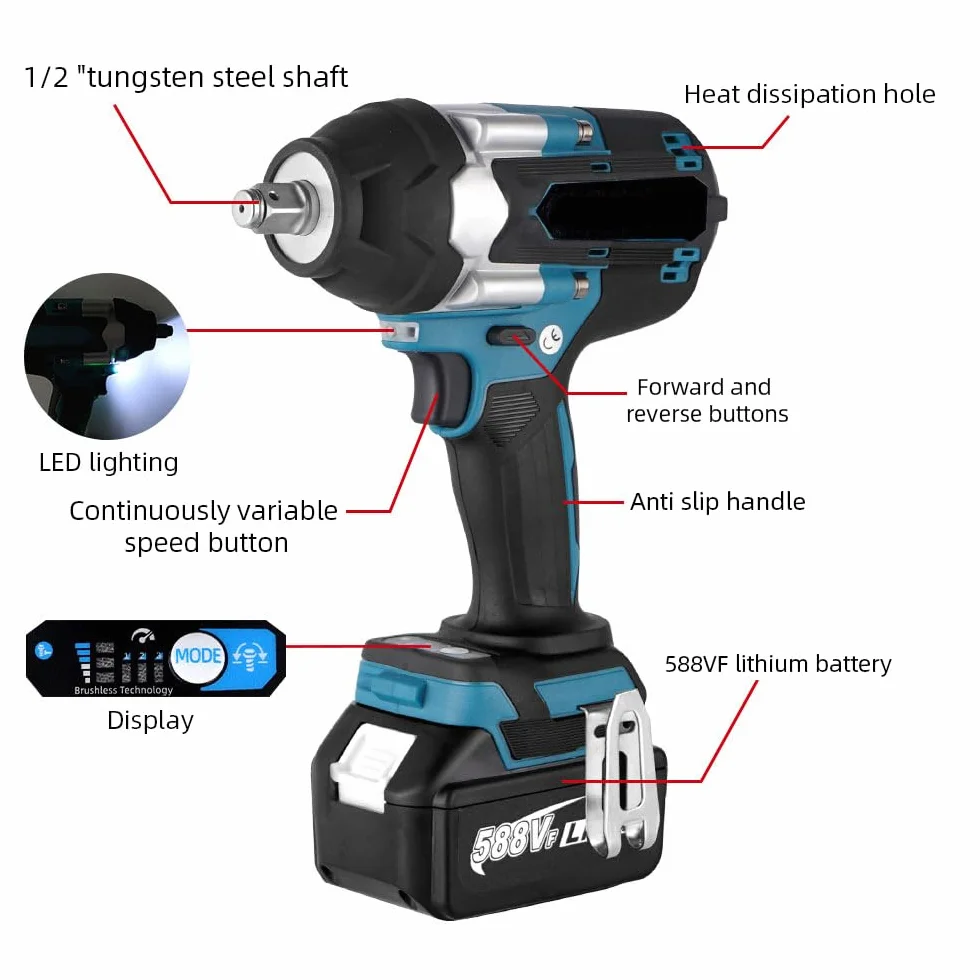 Makita 18V Avvitatore a percussione a batteria 1/2" 7200 rpm 5 velocità 1800N.M con luce LED