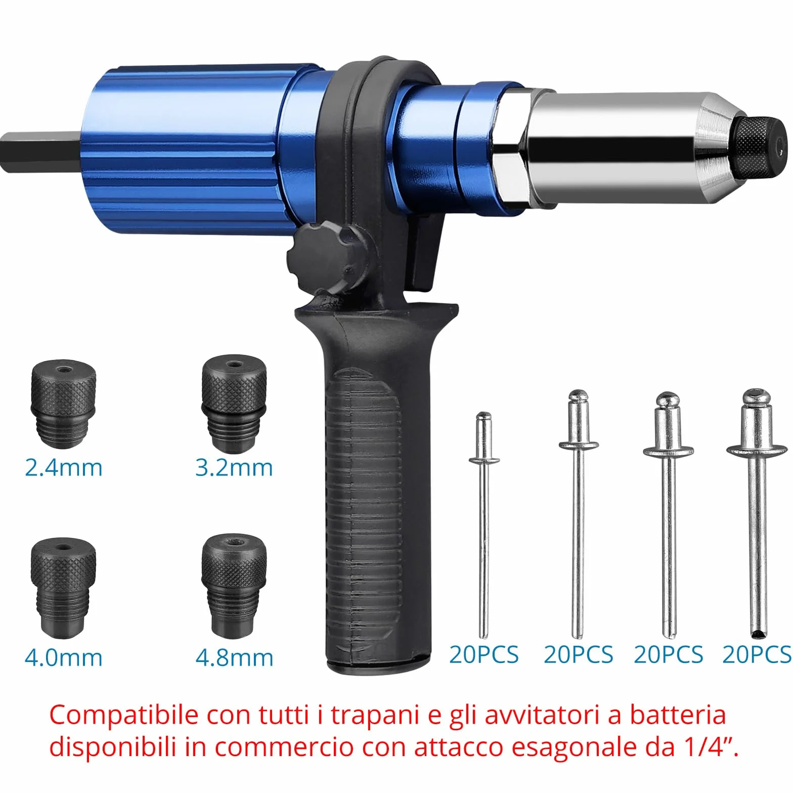 AUTOUTLET Rivetto per Trapano Avvitatore a Batteria, Adattatore Elettrico con Naselli 2,4/3,2/4,0/4,8 mm e 80 Rivetti Ciechi Alluminio Acciaio Inossidabile