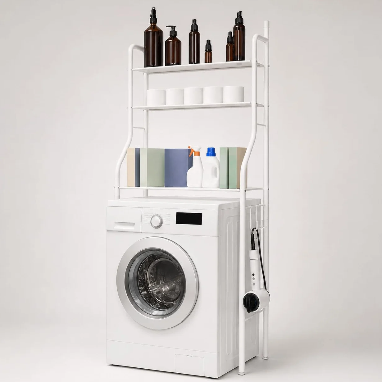 Arreditaly Kuna Scaffale Bagno 3 Mensole Mobile Sopra Lavatrice Salvaspazio Organizer da Parete per Detersivi Sapone in Metallo 152 x 65 x 25 cm Bianco
